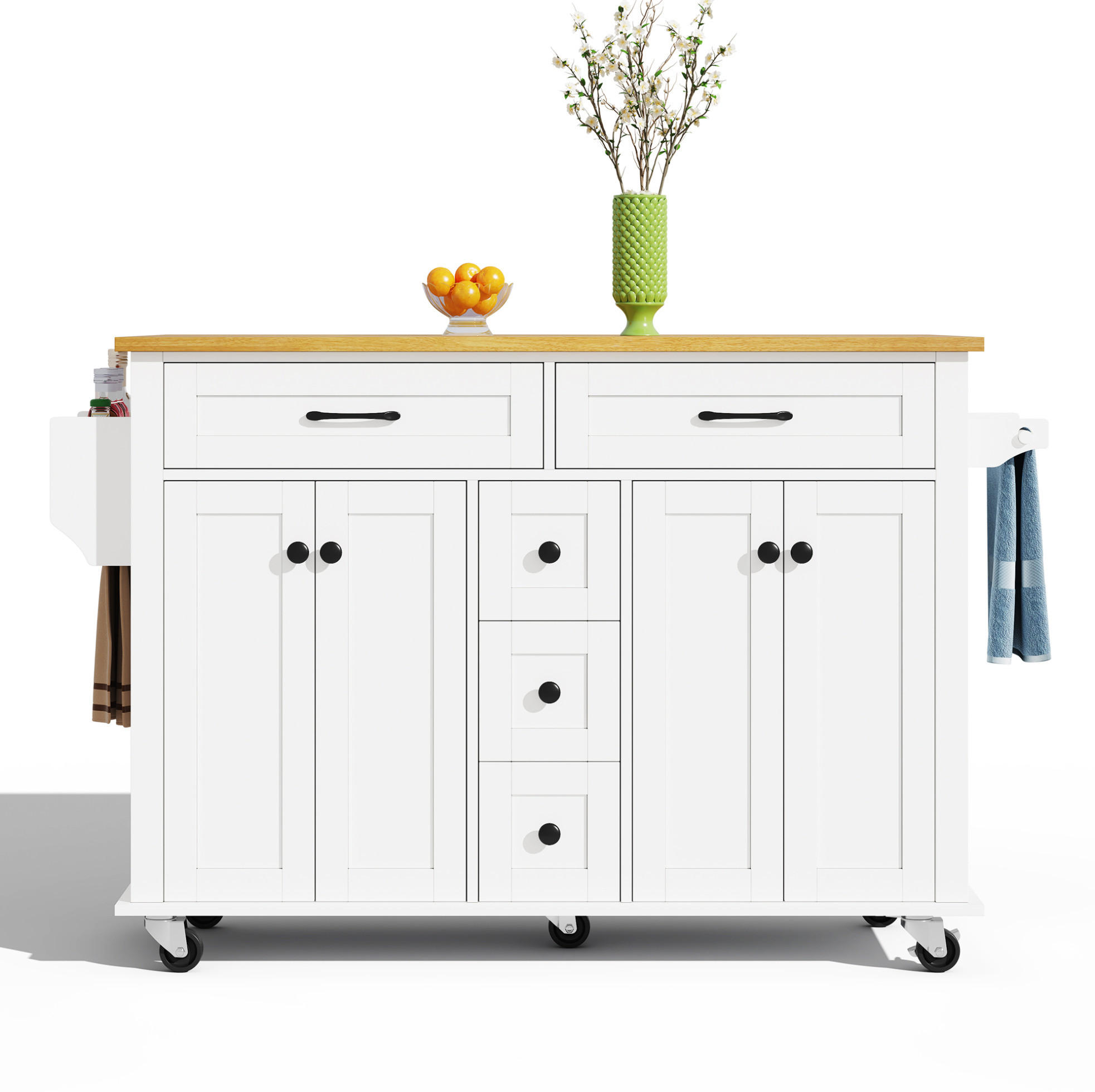 OKWISH KUCHYŇSKÝ vozík 140/40(65)/89 cm bílá a přírodní z MDF s výklopnou pracovní deskou a úložným prostorem
