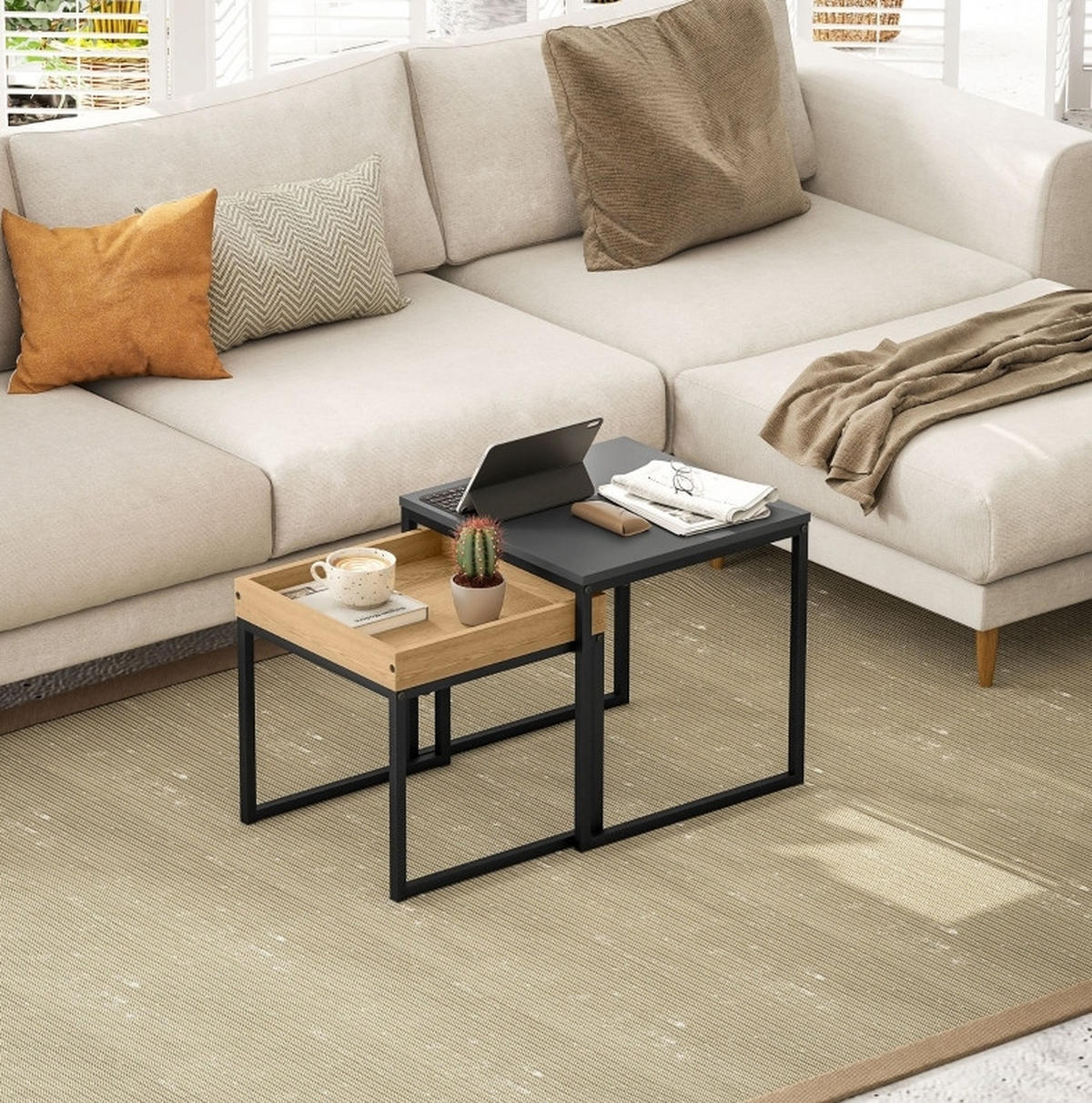 COUCHTISCH 45/45/45 cm und 40/40/40 cm aus Stahl in Schwarz mit Tablett - Schwarz, Metall (45/45/45cm) - OKMYHOME