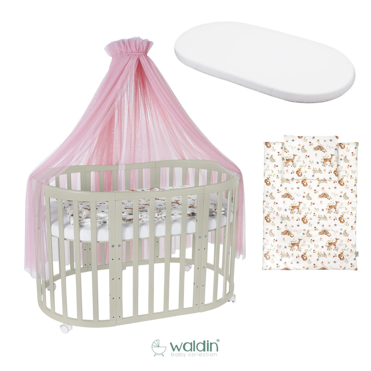 BABYBETT OLIVE OVAL 7in1 mit Matratze und Himmelset - Olivgrün/Rosa, Holz/Textil