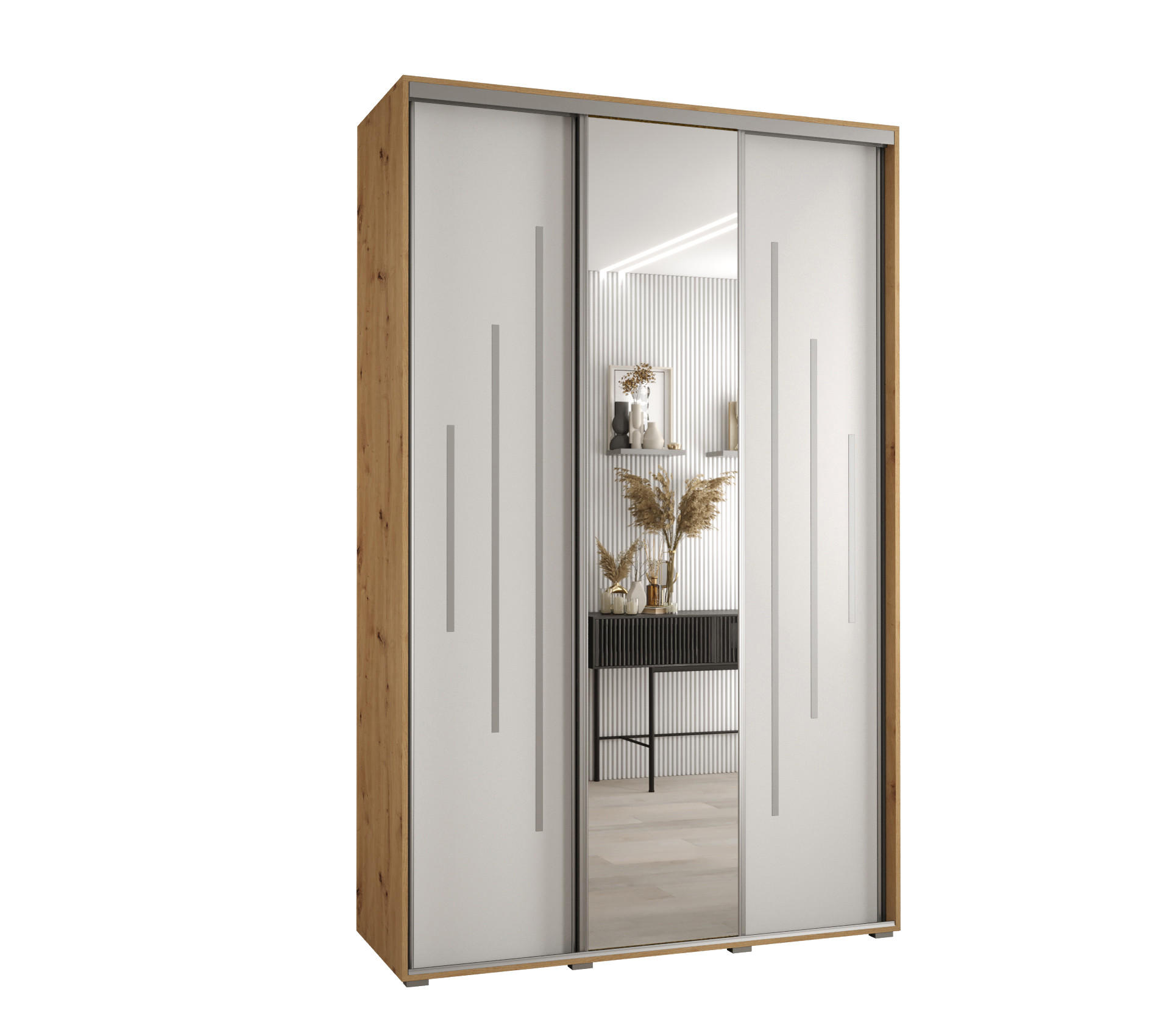 Abiks Möbel Schwebetürenschrank Eiche Artisan, Weiß, Silber 150x235x45 cm