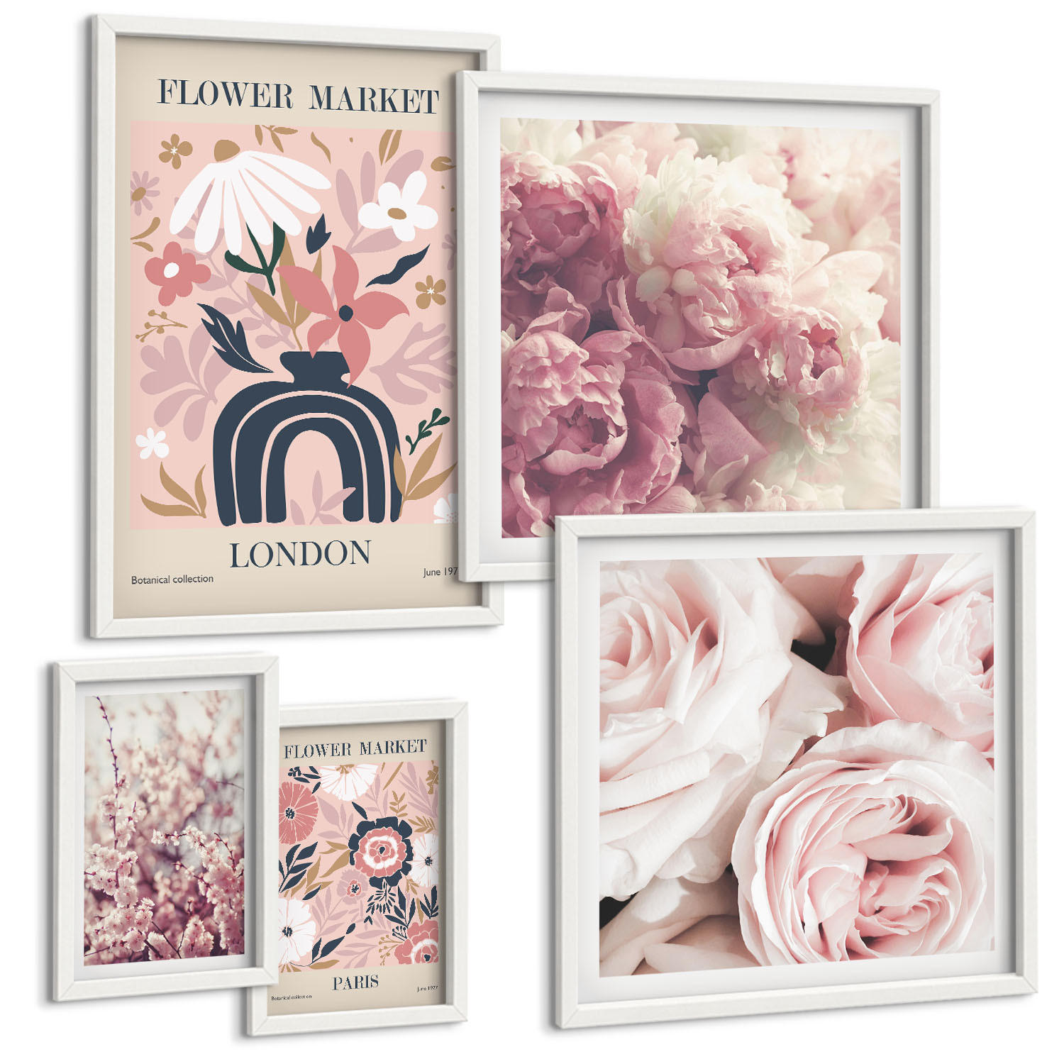 BILDER SET 5er Set - 50x50 cm & 20x30 cm & 40x60 cm Weißer Rahmen - Blumenmuster aus europäischen Städten - Weiß, Kunststoff (40/60cm) - TULUP