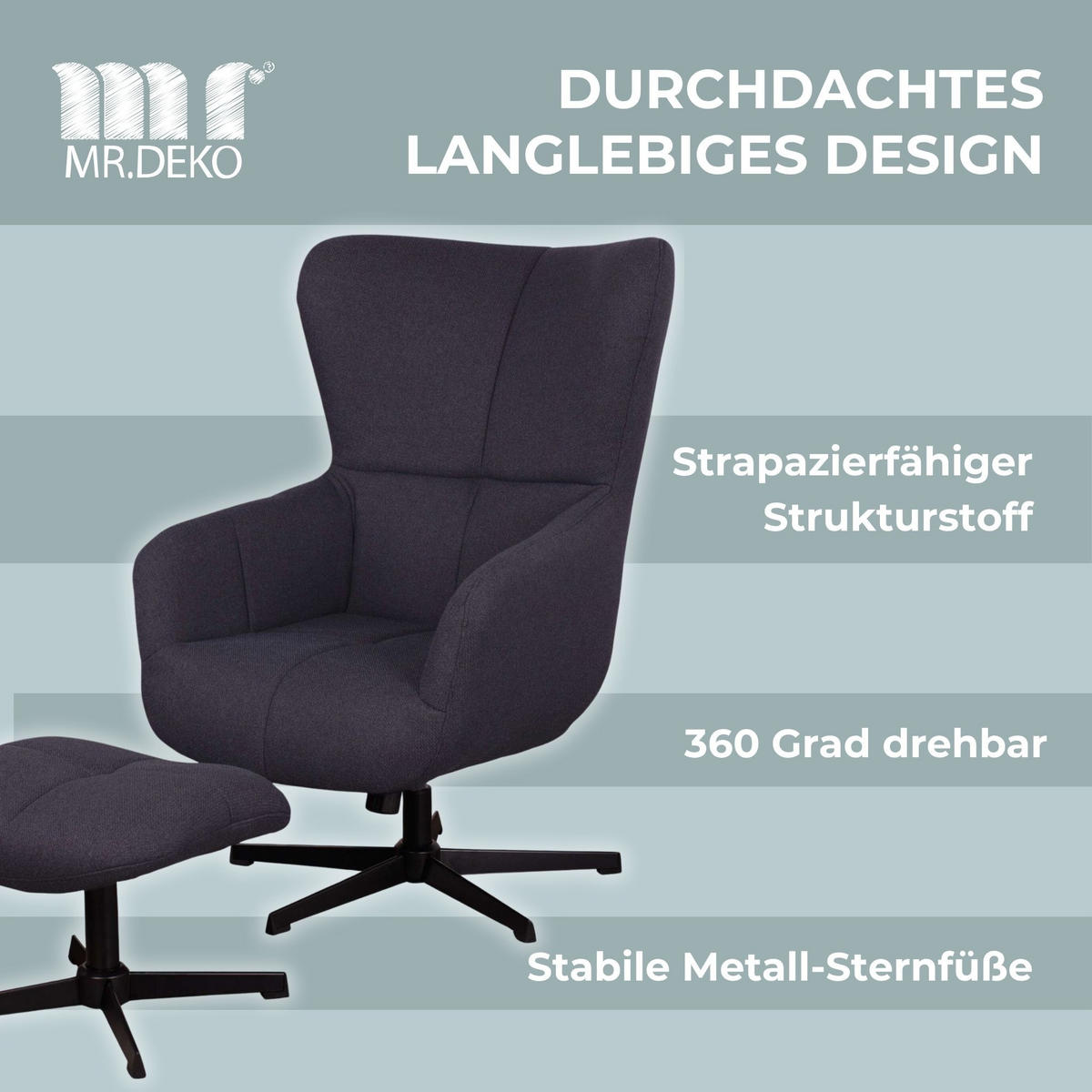 OHRENSESSEL Sava inkl. Fußhocker - Blau/Schwarz, Textil/Metall (74/104/86cm) - Mr. Deko