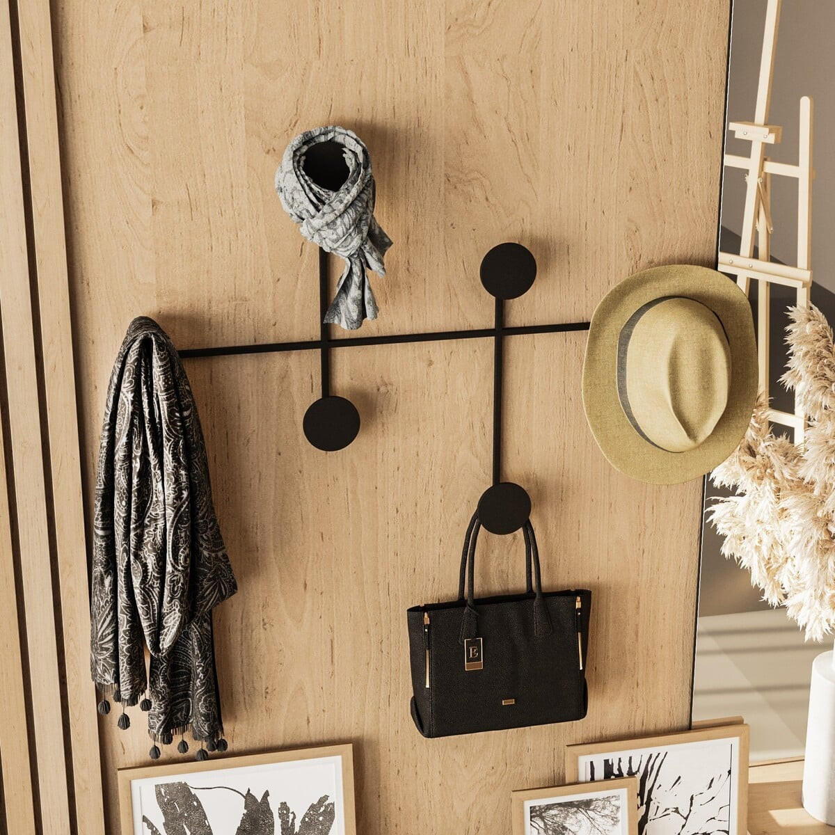 WANDGARDEROBE mit 6 Haken aus schwarzem Metall 82/10/60 cm - Schwarz, Metall (10/60/10cm) - Calicosy