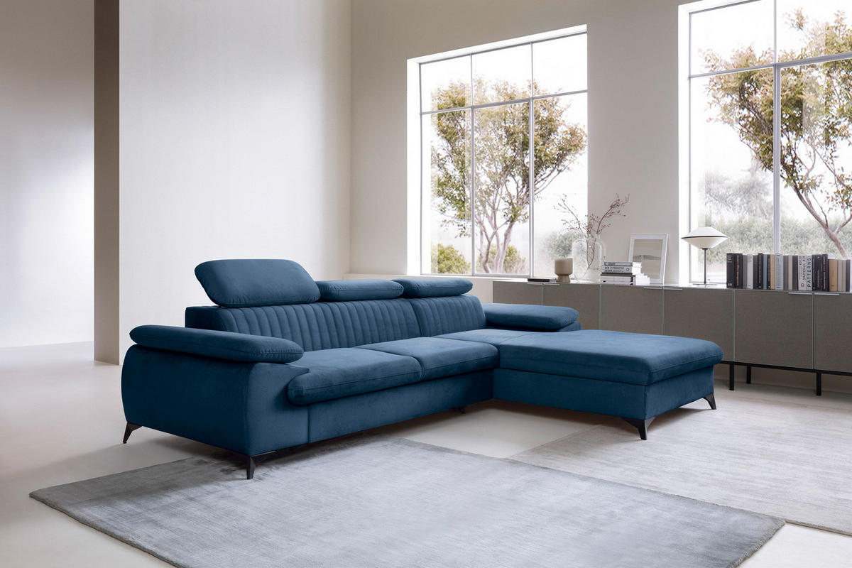 ECKSOFA 280 cm Xanto M, Schlaffunktion, verstellbaren Kopfstützen, Rechts, Blau - Blau, Holz (193/280cm) - Emporius