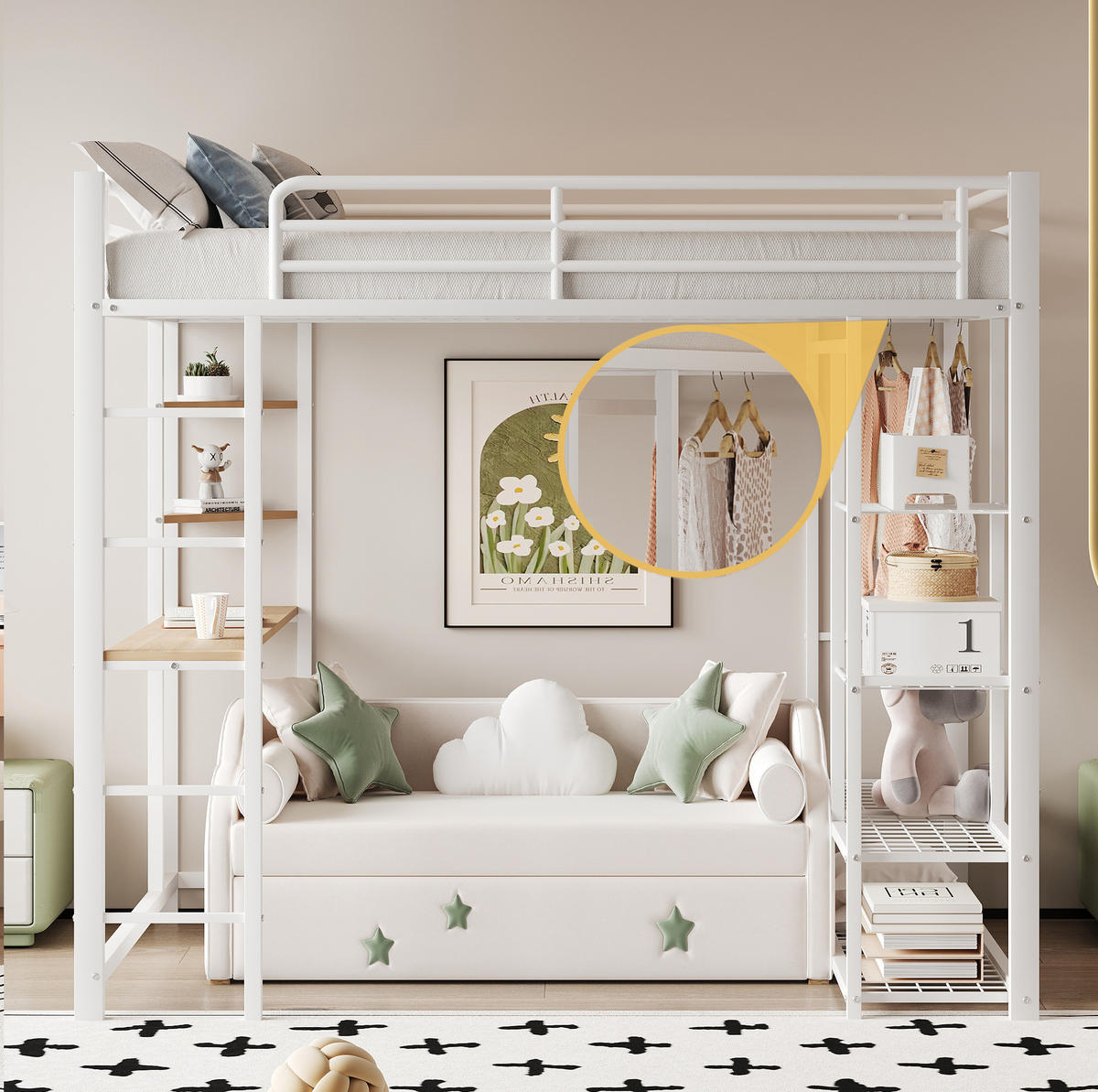 HOCHBETT 140/200 cm Weiß aus MDF und Metall mit Schreibtisch und Kleiderstange - Weiß, Metall (140/200cm) - OKMYHOME