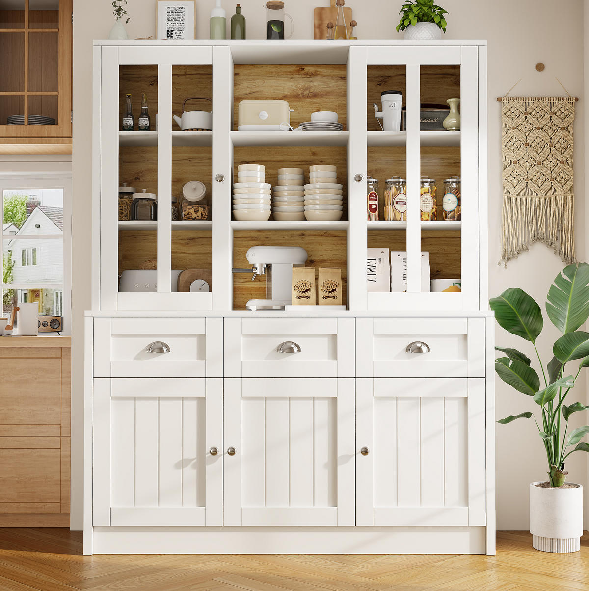 VISOKI element s vitrinskim dijelom, 140/38,5/175 cm, MDF i akril bijela - bijela, drvni materijal (140/175/38.5cm) - BEAOK