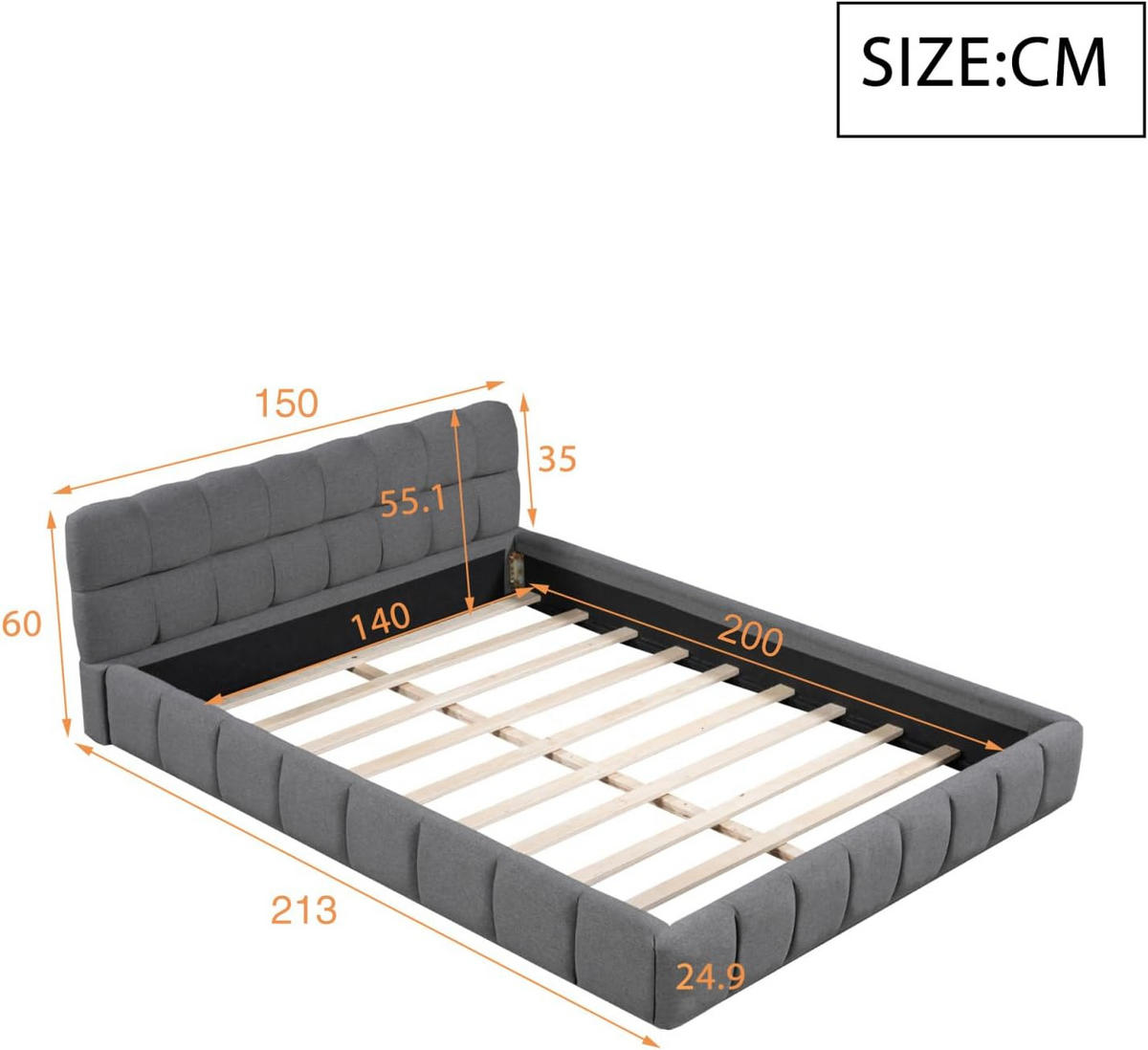 POLSTERBETT 140x200 cm Bubble Design Lattenrost Rückenlehne Leinen grau - Grau, Holz (160/200cm) - LEBENLANG