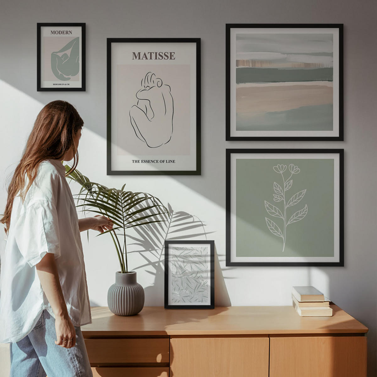 WANDBILDER 5er-Set - 50x50 cm & 20x30 cm & 40x60 cm Schwarzer Rahmen - Abstrakte Pflanzenformen - Schwarz, Kunststoff (40/60cm) - ArtPrintCave