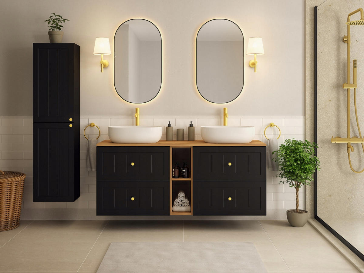 WASCHBECKUNTERSCHRANK GUSTO 80 cm mit Arbeitsplatte Farbe: Matt Schwarz mit einem Regal Matt Schwarz - Schwarz, Holzwerkstoff (80/58/46cm) - Rodan