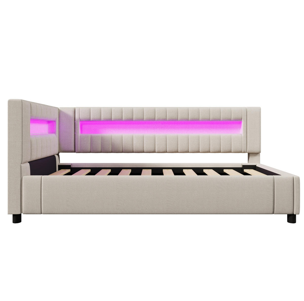 POLSTERBETT 90/200 cm Beige aus Leinen mit LED-Lichtleiste und Stauraum - Beige, Textil (90/200cm) - OKMYHOME
