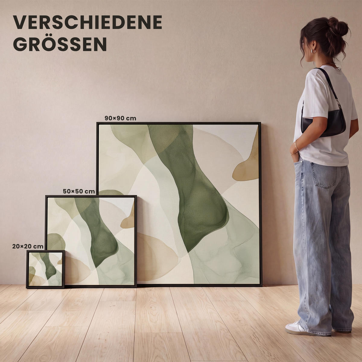 LEINWAND Bilder mit Rahmen - Japandi - Abstrakt - Grün - 50x50 - Salbeigrün, Textil (50/50cm) - MuchoWow