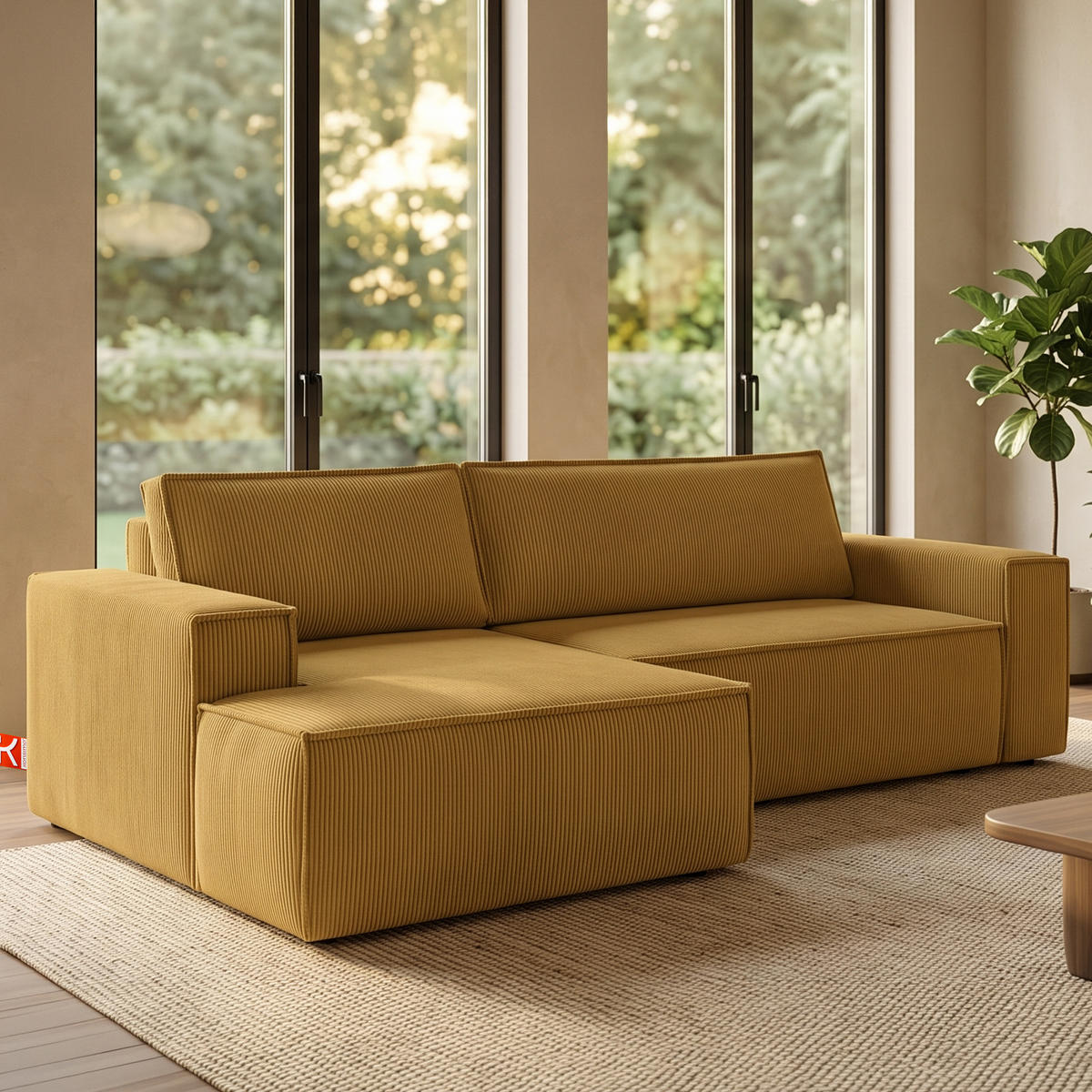 ECKSCHLAFSOFA-LINKS NAPI in Pet Friendly Cord-Stoff, gelb - Gelb/Schwarz, Textil (262/148cm) - KONSIMO®