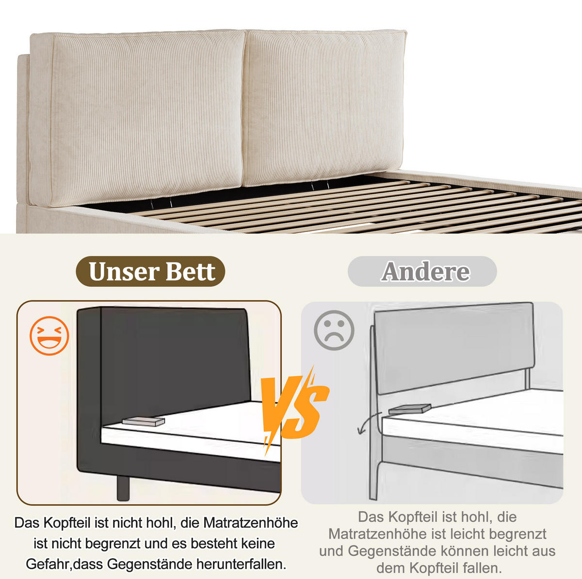 POLSTERBETT 180/200 cm aus Cord mit Stauraum und Lattenrost Beige - Beige, Textil (180/200cm) - Modenvie