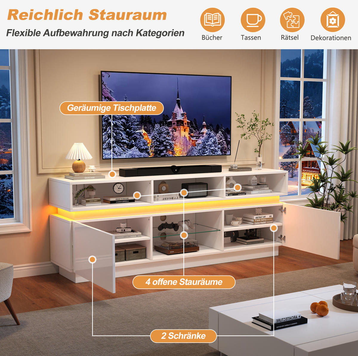 TV-LOWBOARD 160/35/60 cm weiß aus MDF mit Glasplatte und LED - Weiß, Holzwerkstoff (35/60/160cm) - OKWISH