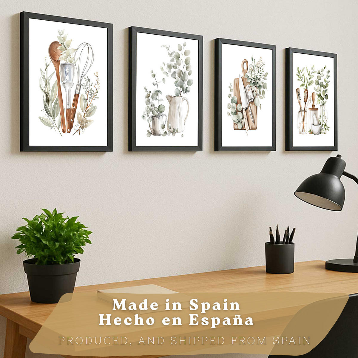 PLAKAT Sada 4 dekorativních nástěnných tisků, Botanická kuchyně. Bohémský venkovský styl. Rustikální kuchyně. Velikost Černý rám A3 - černá, papír (29.7/42/3cm) - Nacnic
