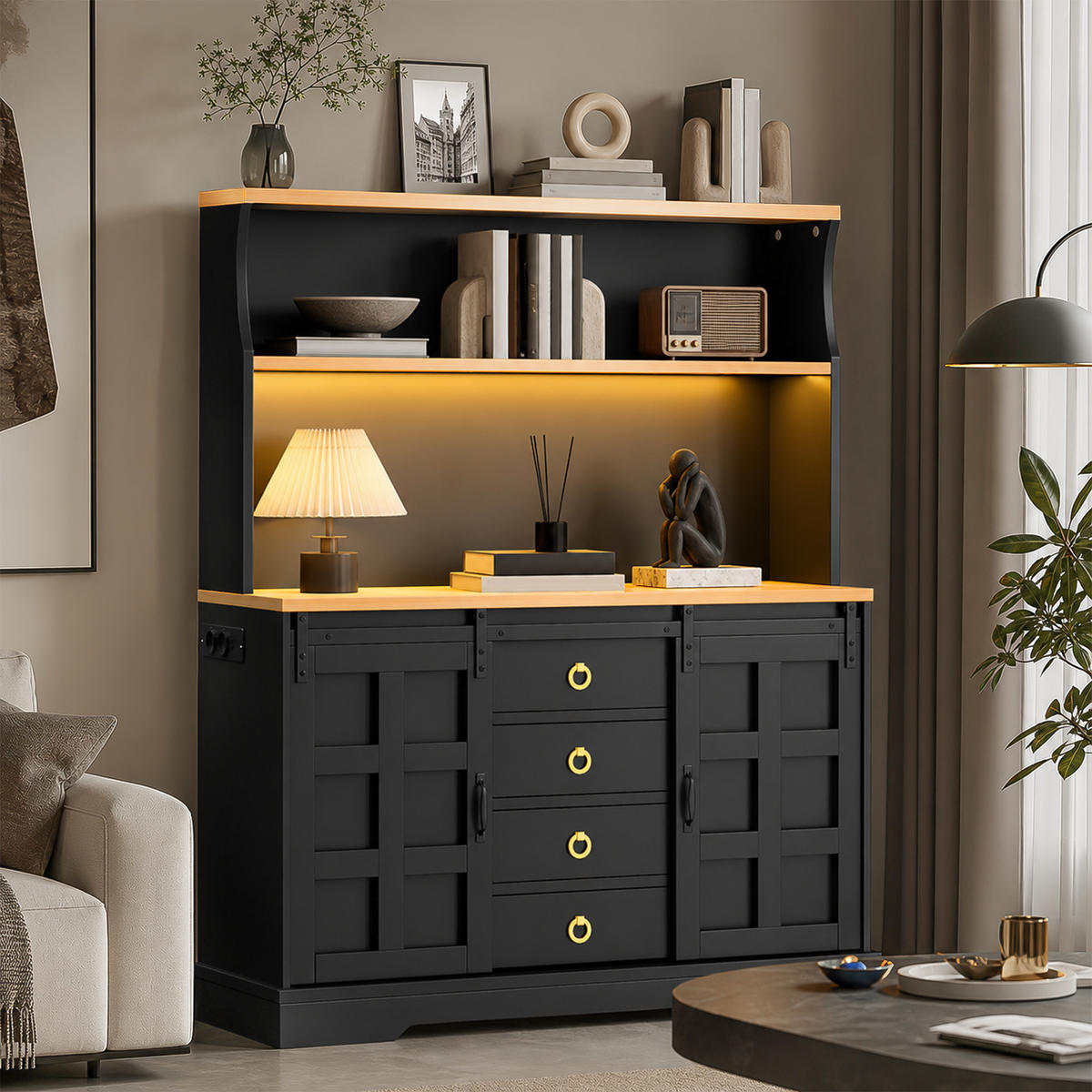 BUFFET 150 cm MDF Schwarz Scheunenstil mit RGB-LED und Weinregal - Schwarz, Holzwerkstoff (40/150/120cm) - Korfee