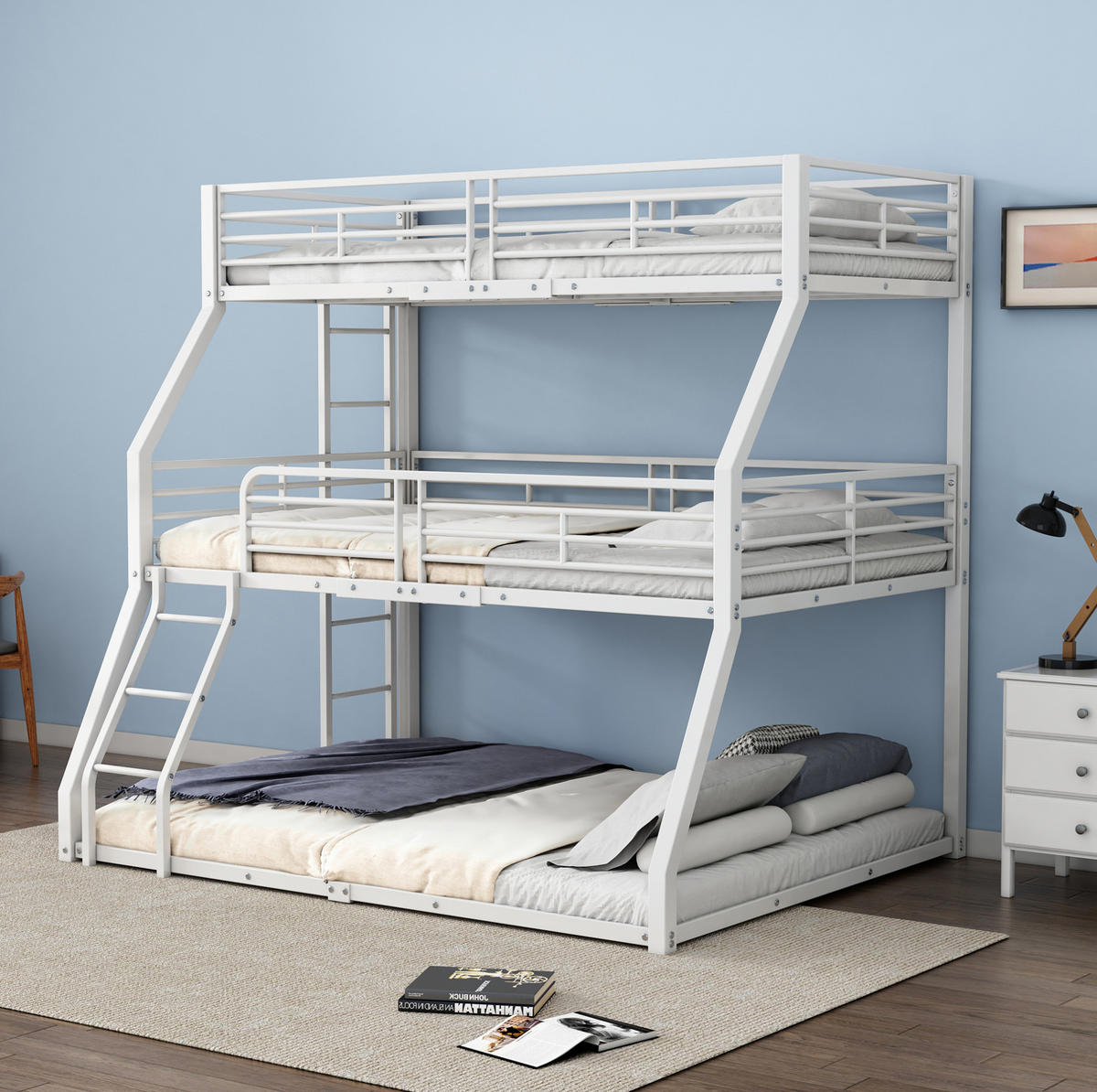 ETAGENBETT 90/200 cm Weiß Metallbettgestell mit Geländern für Kinder - Weiß, Metall (90/200cm) - OKWISH
