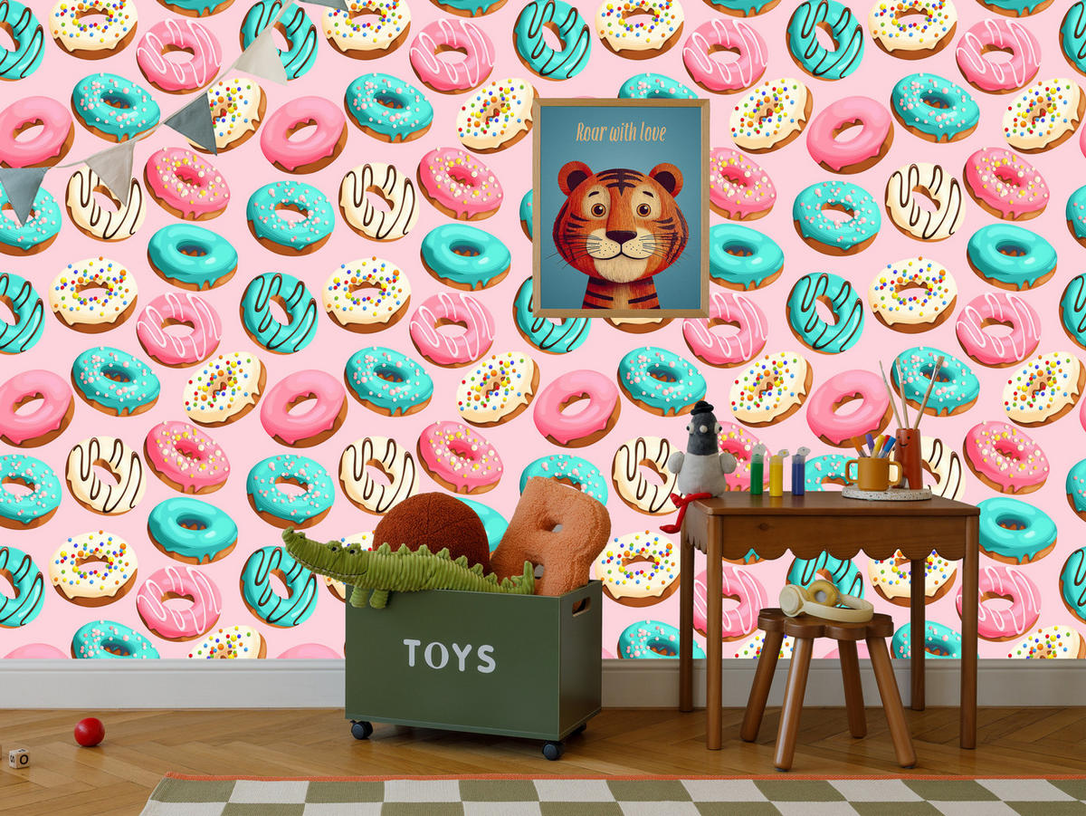 VLIESTAPETE Donuts in 3D-Optik – Rosa, Türkis, Bunt – 50x1000 cm - Türkis/Multicolor, Papier (50/1000cm) - Muralo
