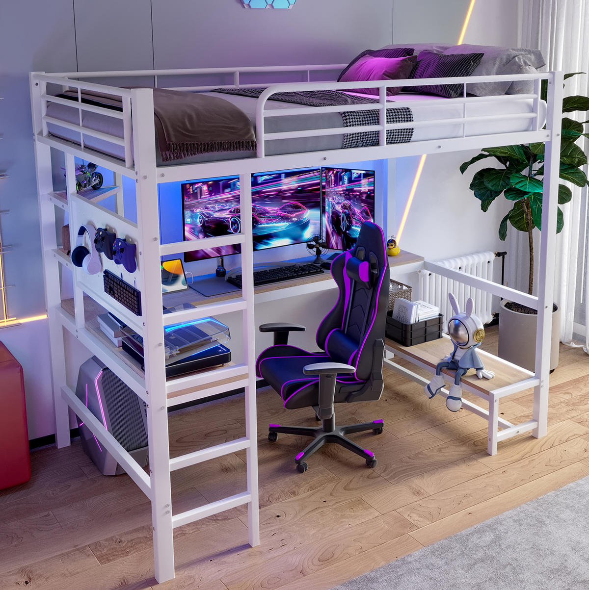 HOCHBETT 90/200 cm aus Metall mit Schreibtisch und LED-Leiste, Weiß - Weiß, Metall (90/200cm) - OKMYHOME