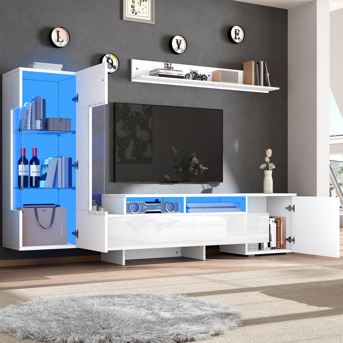 WOHNWAND 3-teilig LED Hochglanz Weiß TV Schrank - Weiß, Glas (170/45/35cm) - FLIEKS
