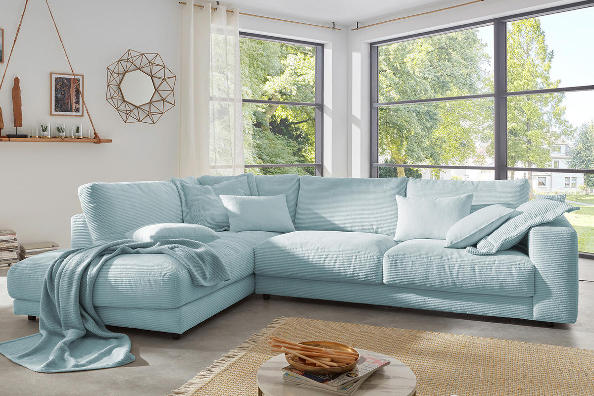 ECKSOFA MADELINE Hellblau Cord - Schwarz/Hellblau, Kunststoff/Textil (325/224cm) - KAWOLA