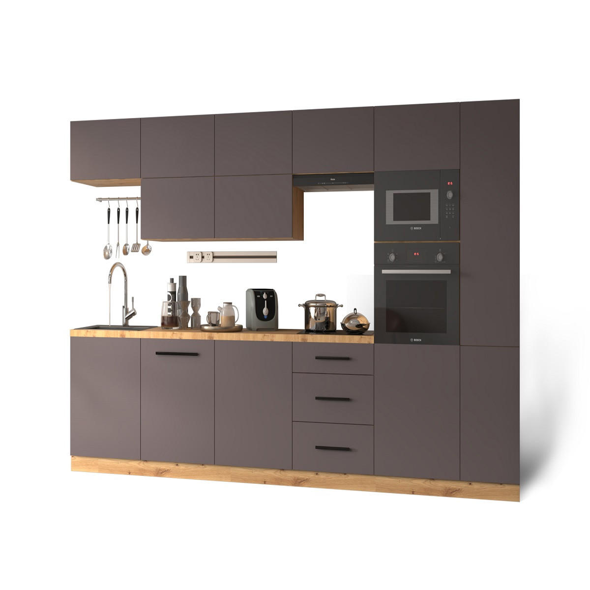 KÜCHENZEILE 340 - Langen KL1-M340 in Grau/Matt - Schwarz/Grau, Holz (340/212/58cm)