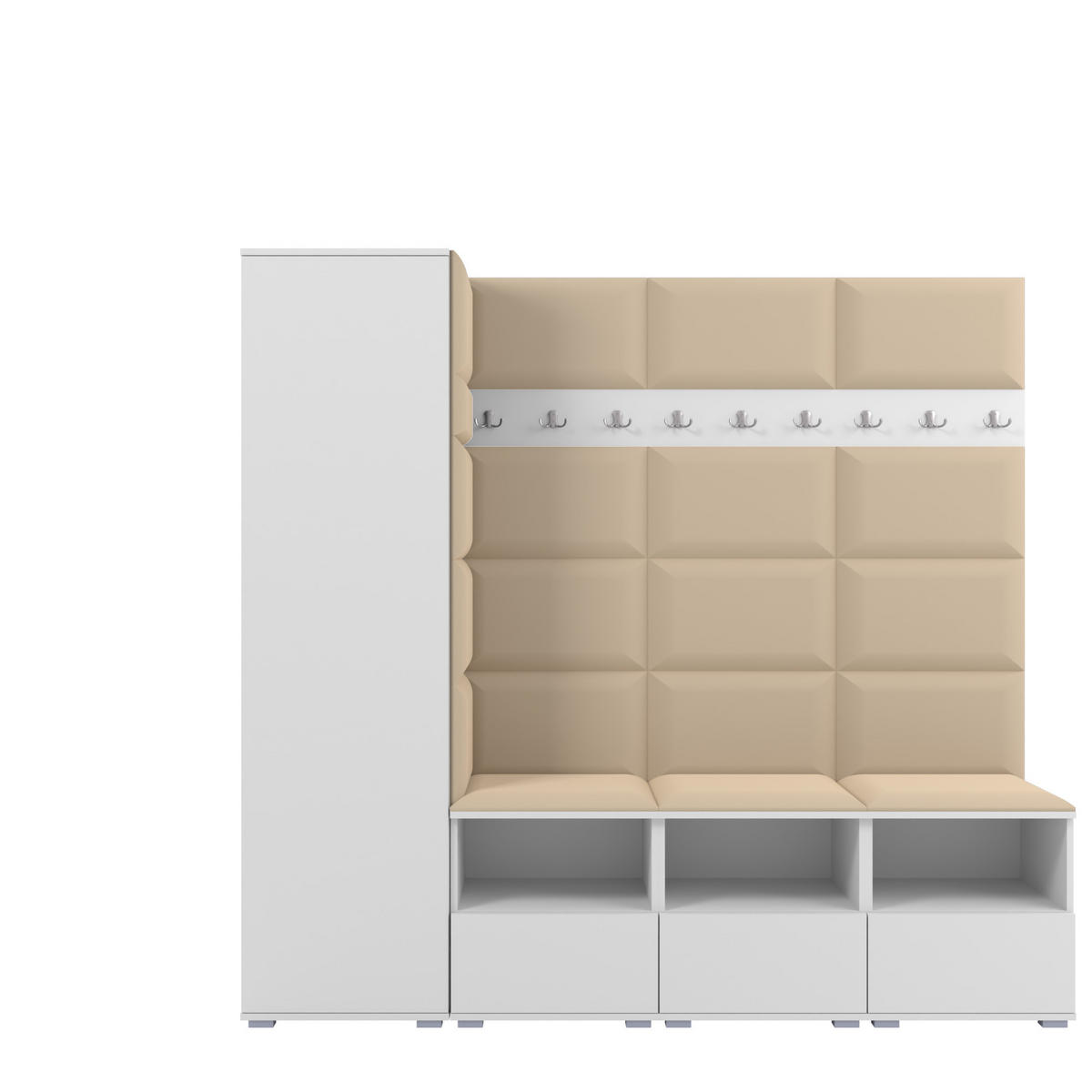 GARDEROBE NELA IX 200 cm (Modulare Flurmöbel Weiß mit Sitzpolster Beige 04 Breite Sitzbank) - Beige/Silberfarben, Holz/Holzwerkstoff (200/187/40cm) - Ravio