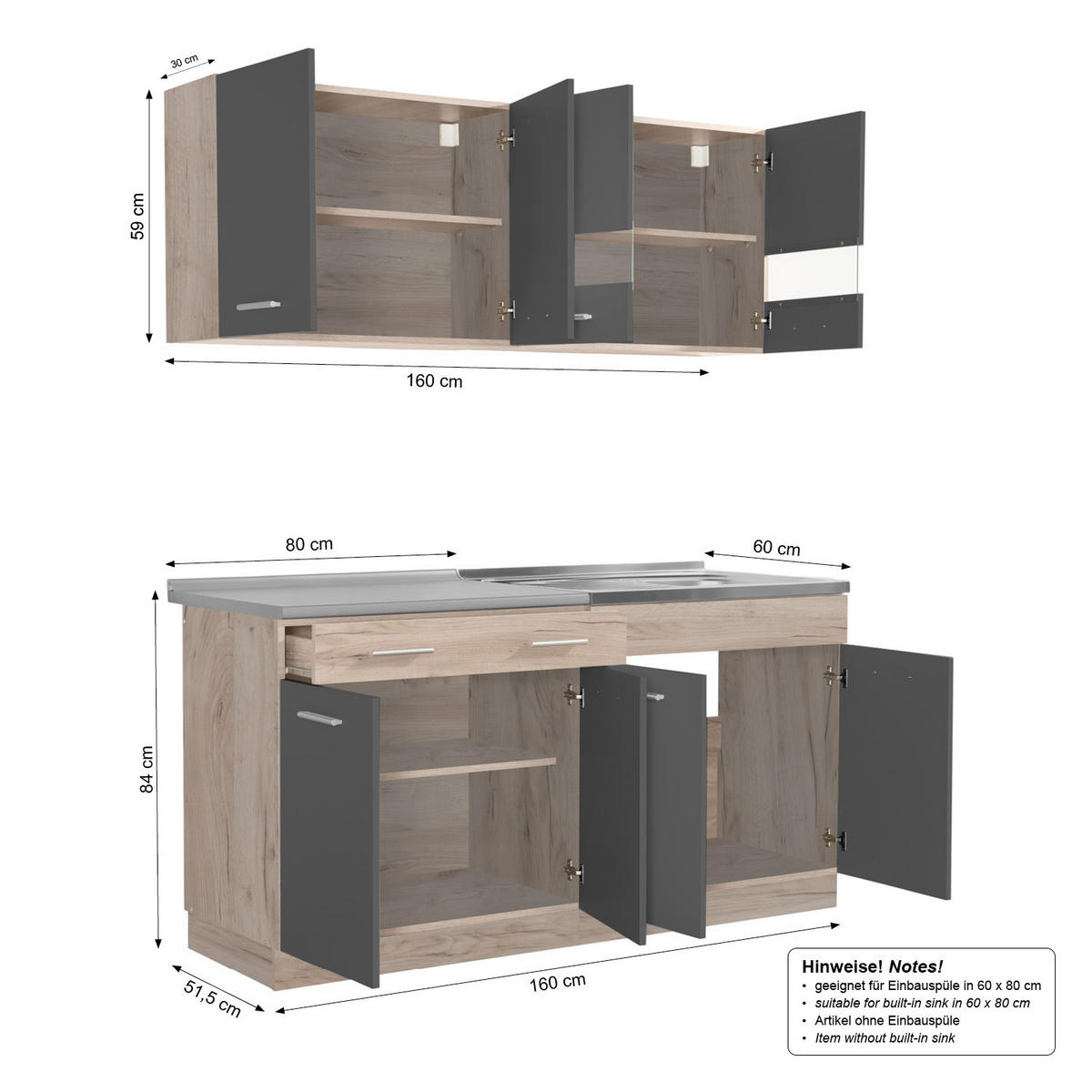 KÜCHENLEERBLOCK 160 cm in Anthrazit - Silberfarben/Grau, Holz (160/206/60cm) - Homestyle4u