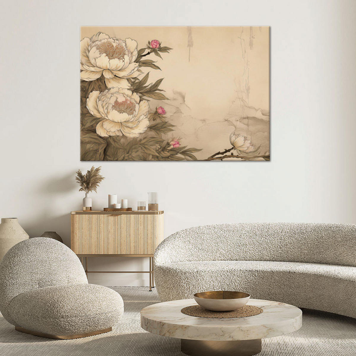 WANDBILD pfingstrosen blumen retro beige - Beige, Textil (60/40cm) - Feeby