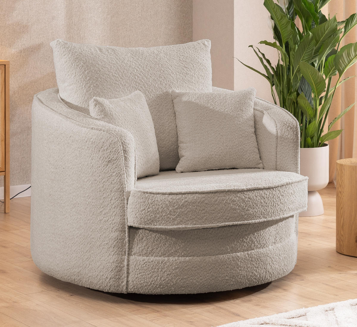 DREHSESSEL Ted aus Beige Boucle-Stoff - Beige/Schwarz, Holz/Textil (107/94/100cm) - S-Style Möbel