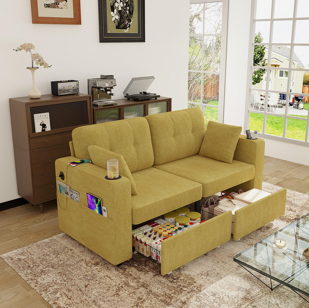 SOFA 2-Sitzer mit USB und Stauraumschubladen 172 x 75 x 82 cm Chenille - Gelb, Holzwerkstoff (172/82/75cm) - Meubliv