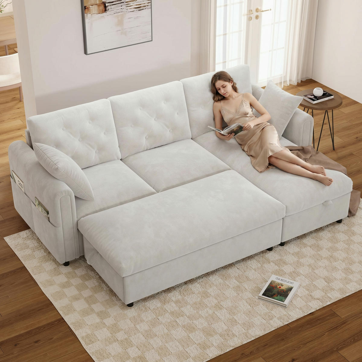 SOFA Baršun L Oblik s Tabureom 219x131x86 cm Bež - bež, tekstil (219/86/131cm) - FLIEKS