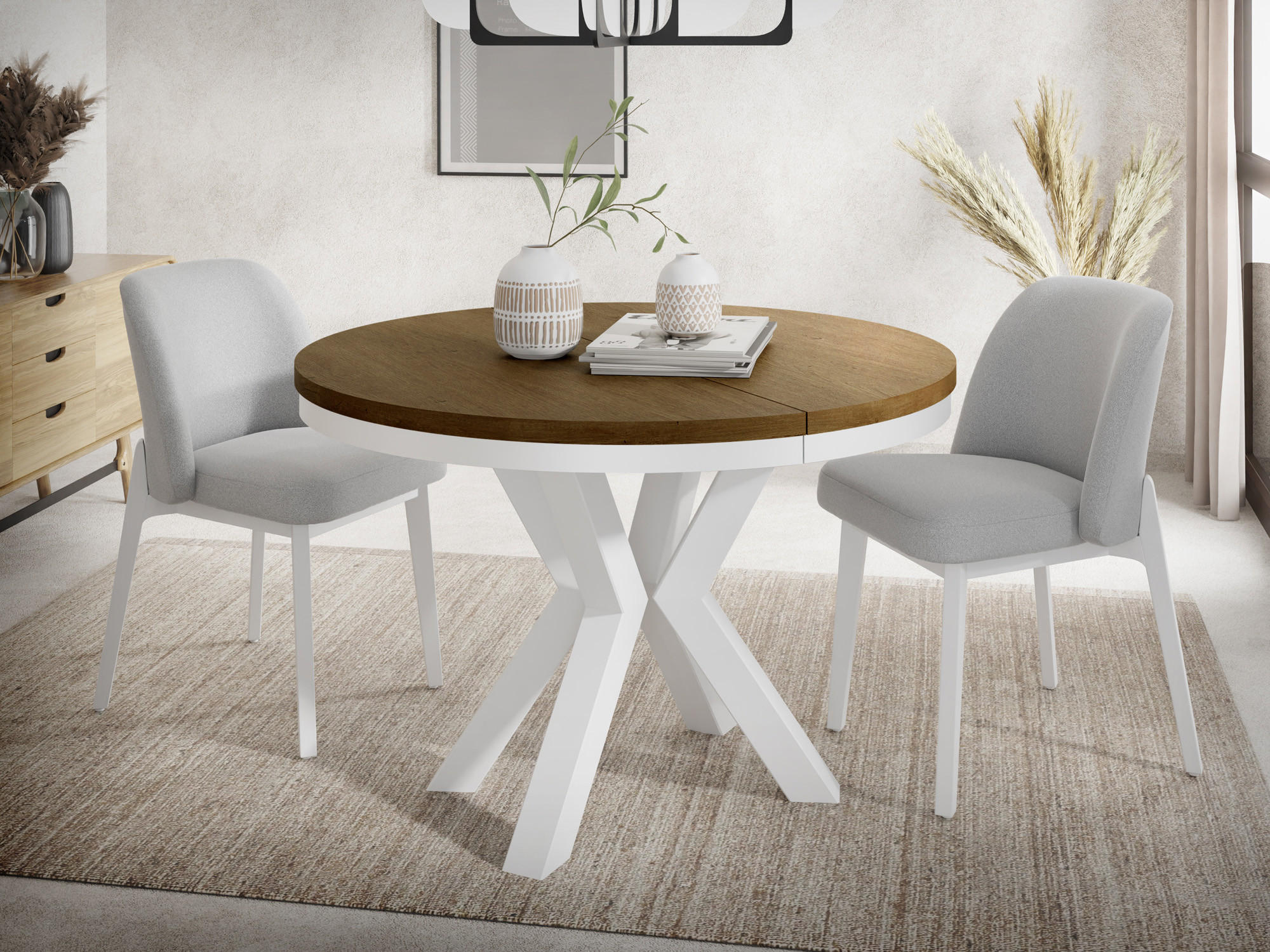 ESSTISCH Clara Weiß runder ausziehbarer, Lefkas Eiche 120-200/120/76 cm - Alteiche/Weiß, Holzwerkstoff/Metall (120/120/76cm) - WFL GROUP