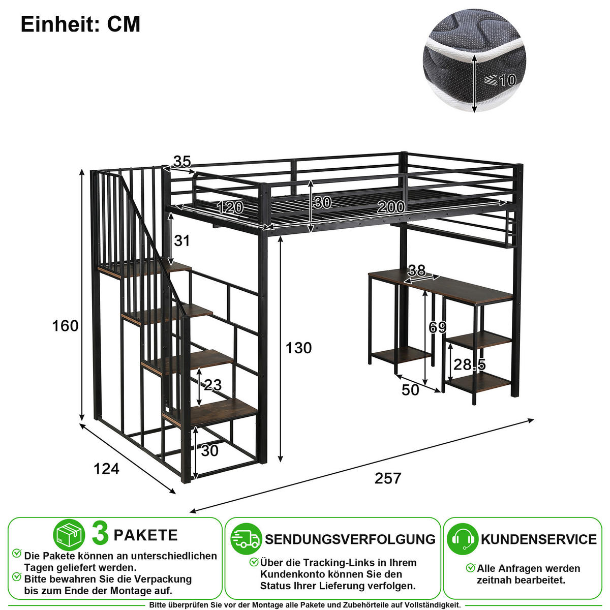 VYVÝŠENÁ POSTEL 120/200 cm v černé a tmavě ořechové barvě s psacím stolem - černá, kov/kompozitní dřevo (120/200cm) - CHICFURN