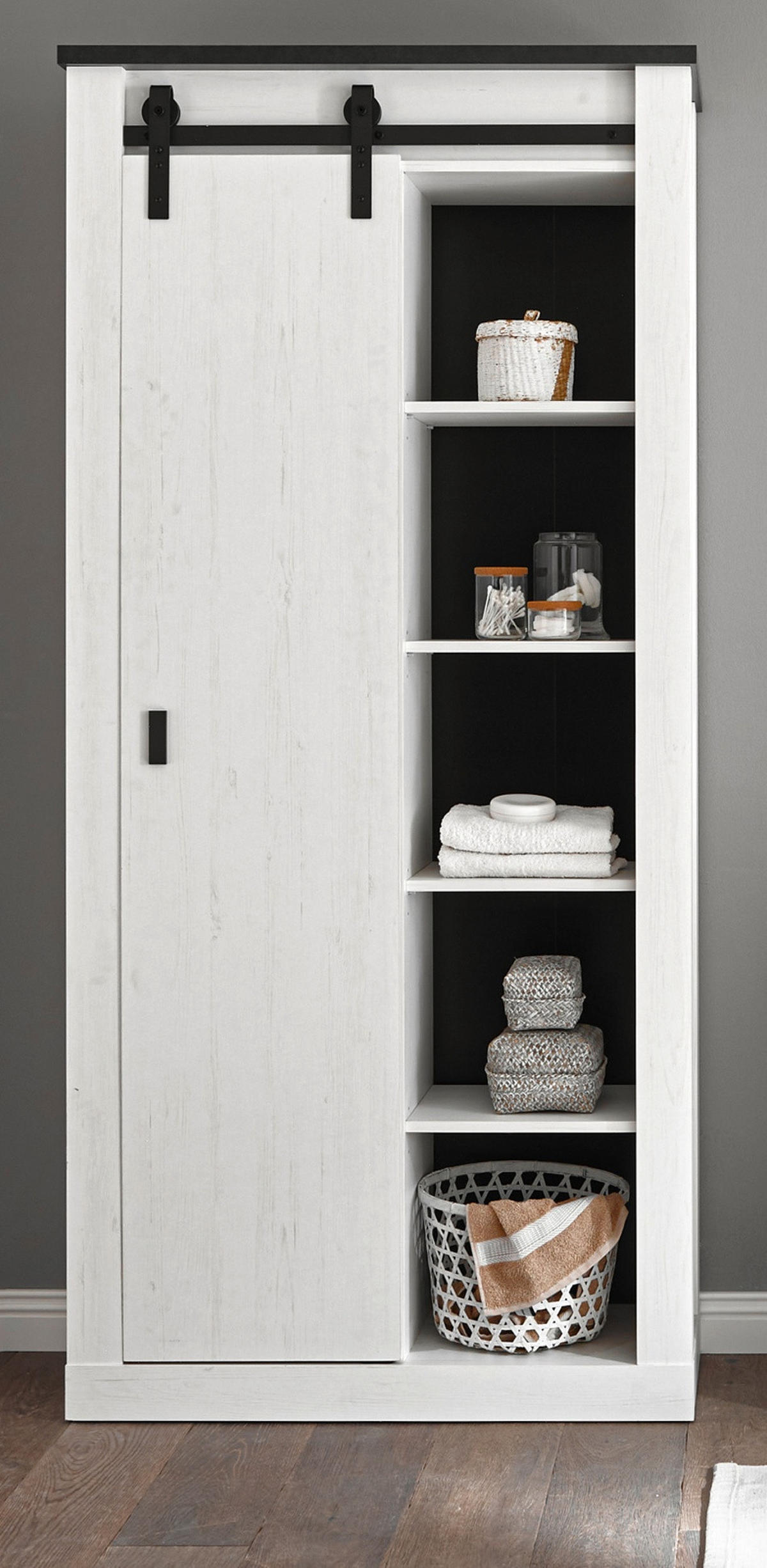 HOCHSCHRANK weiß Pinie, anthrazit Landhaus, Badschrank mit viel Stauraum - Anthrazit/Weiß, Holzwerkstoff/Metall (93/201/38cm) - Furn.Design