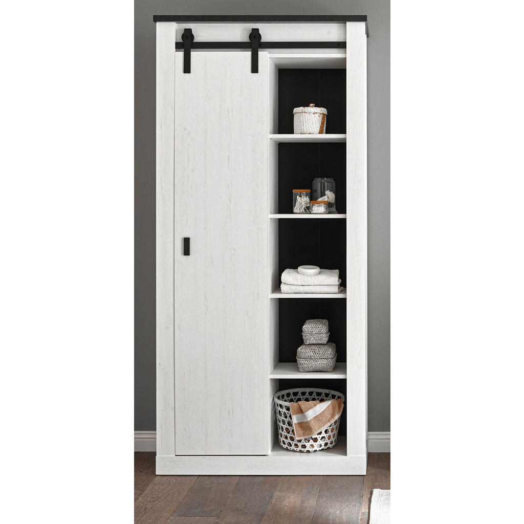 Thumbnail - Furn.Design Hochschrank, Weiß, Metall, Nachbildung,Pinie, 8 Fächer, Sockel, 93x201x38 cm, FSC 100%, Badezimmer, Badezimm...
