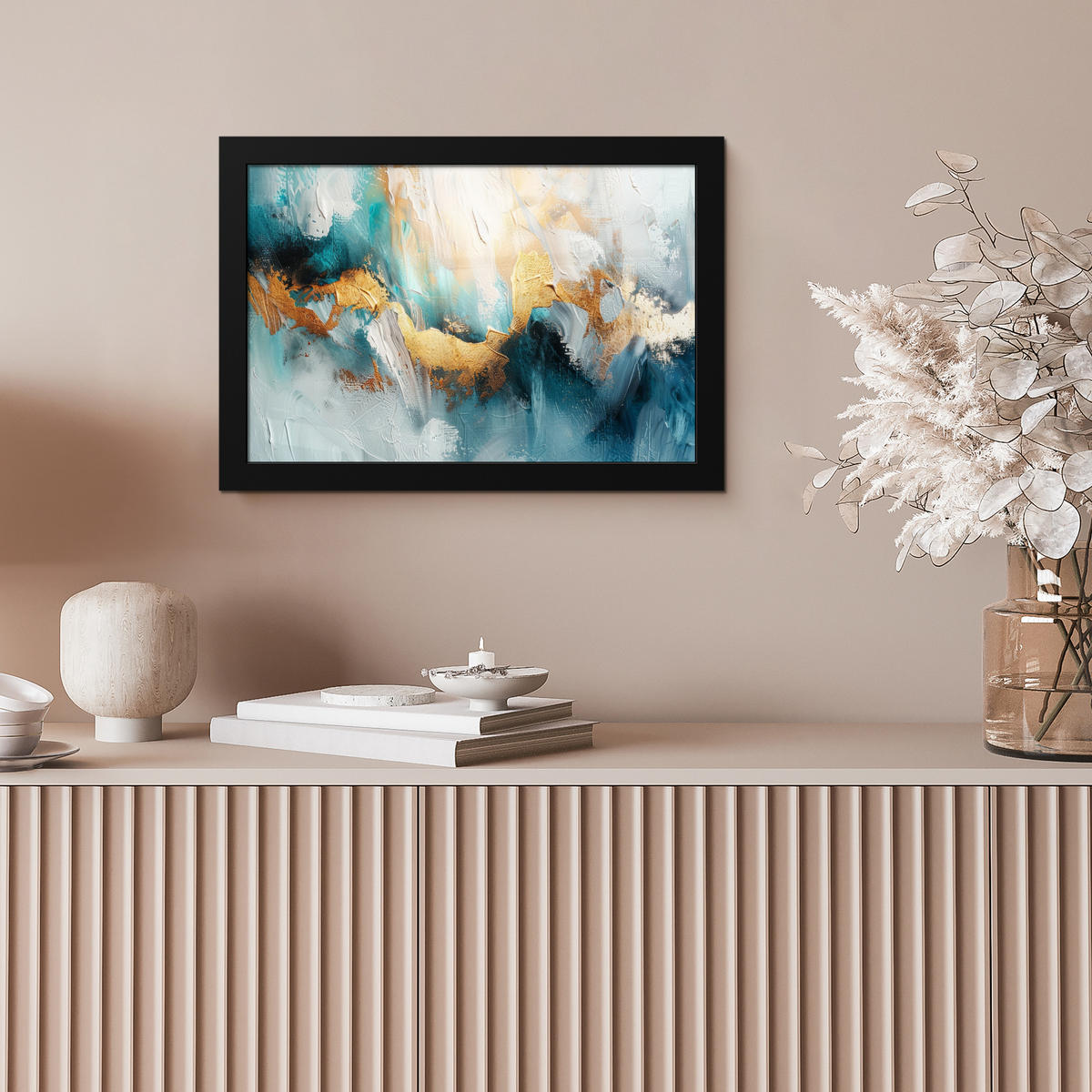POSTER MIT RAHMEN Abstrakt - Kunst - Gold - Blau 30x20 cm - Petrol, Papier (30/20cm) - MuchoWow