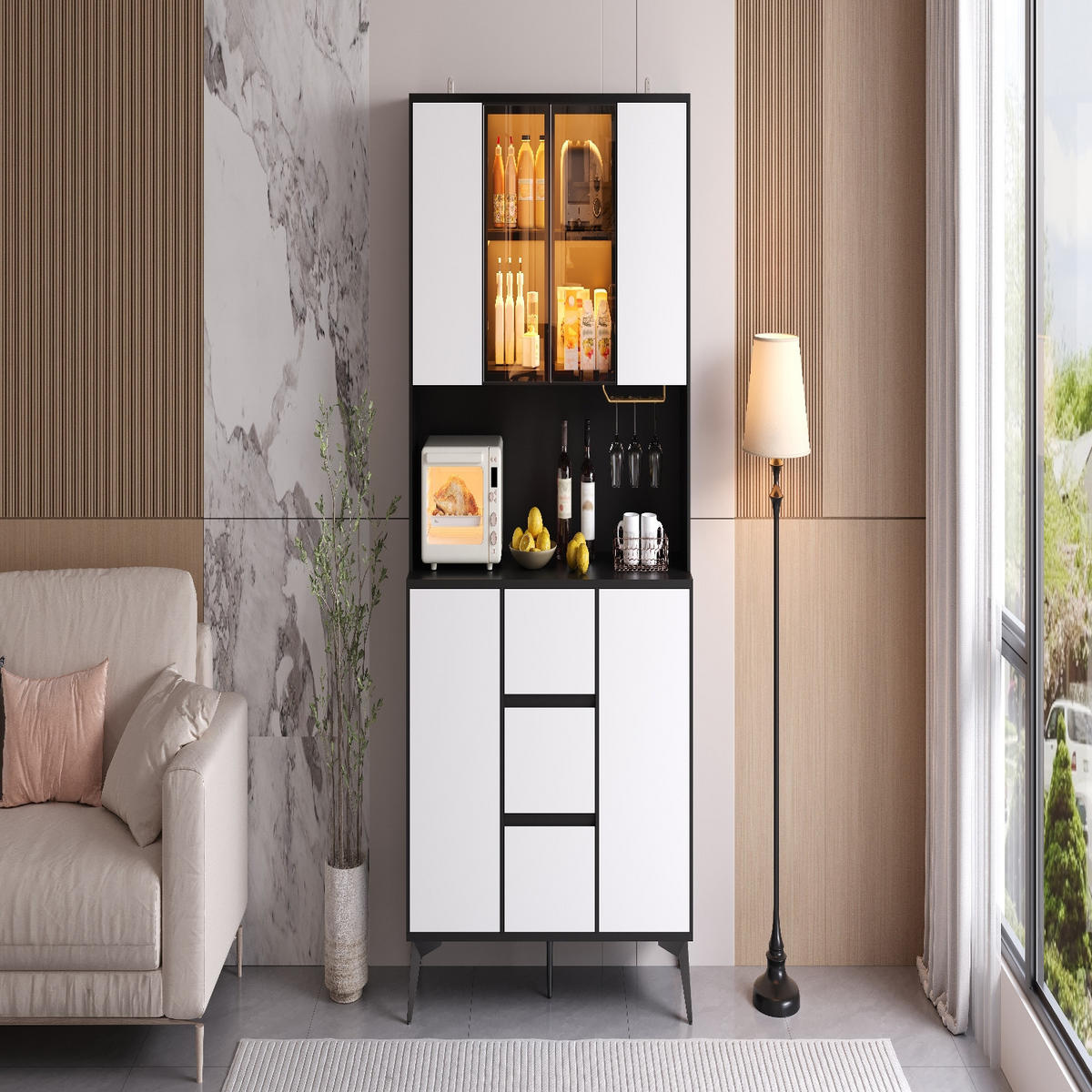 KÜCHENSCHRANK, 120/160/40 cm, MDF, Schwarz-Weiß, APP-GESTEUERTE LED-BELEUCHTUNG, für Esszimmer - Schwarz, Holzwerkstoff (40/160/120cm) - Rolipo