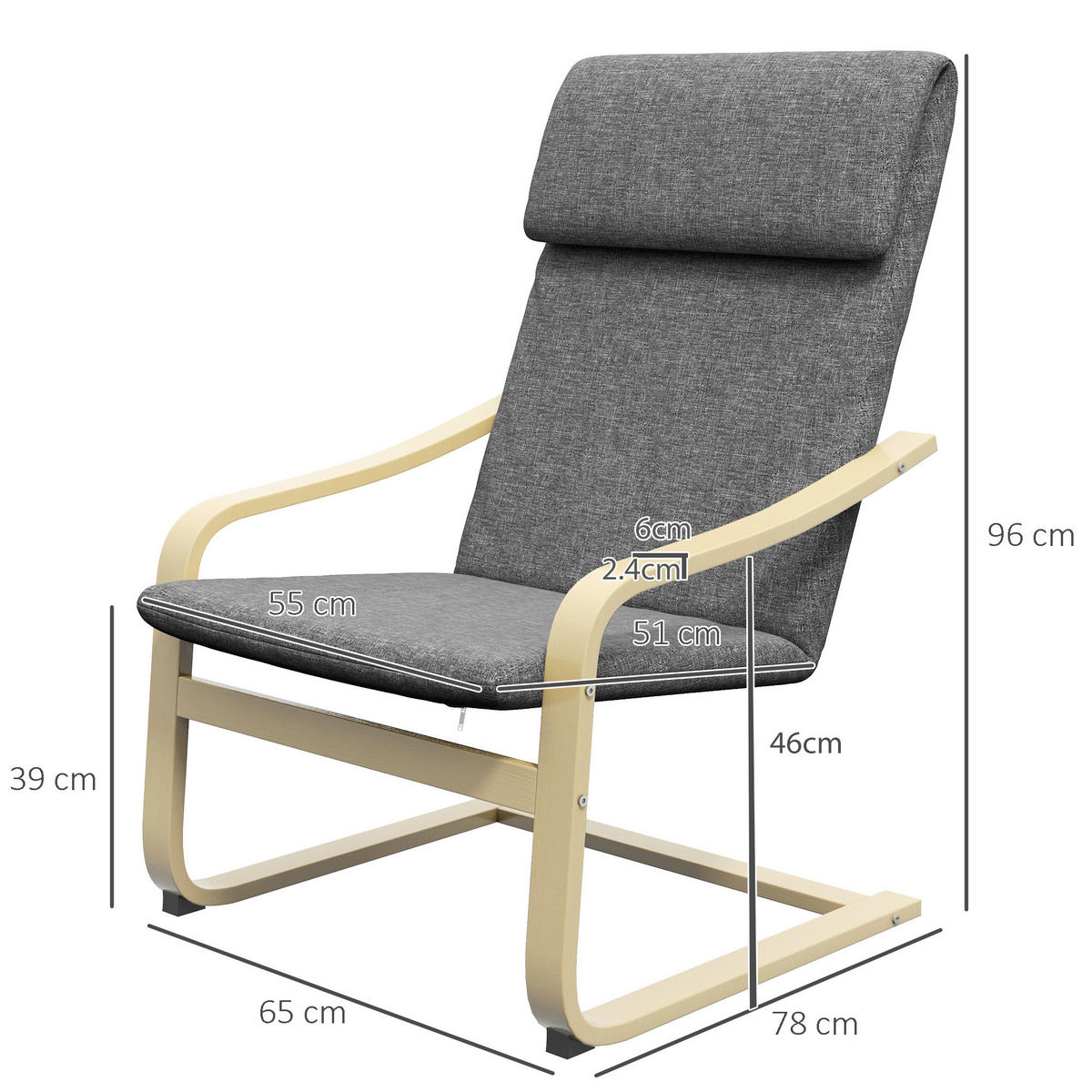 KŘESLO s opěrkou hlavy a područkami, potah v lněném vzhledu, dřevěný rám, šedá - tmavě šedá, plast (80/99/66.5cm) - HOMCOM