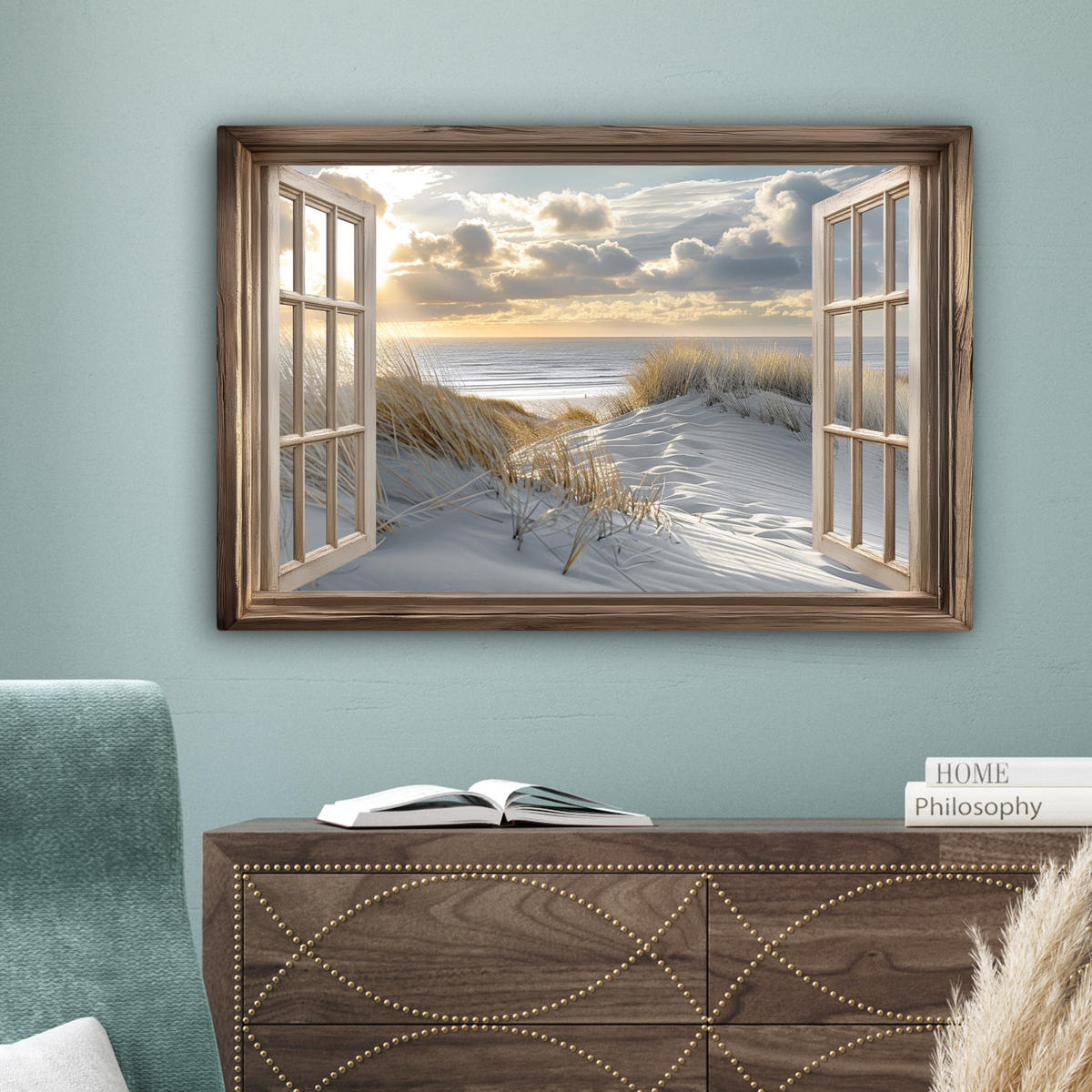LEINWANDBILD Ausblick - Strand - Dünen - Meer - Natur Wanddeko 90x60 cm - Sandfarben, Textil (90/60cm) - MuchoWow