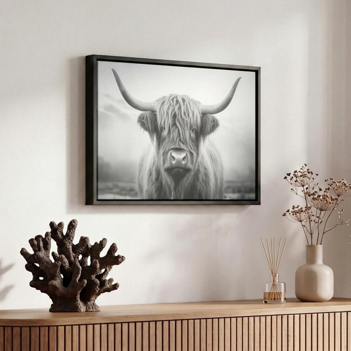 LEINWAND Bilder mit Rahmen - Schottischer Highlander - Nebel - Schwarz - Weiß - 30x20 - Grau, Textil (30/20cm) - MuchoWow