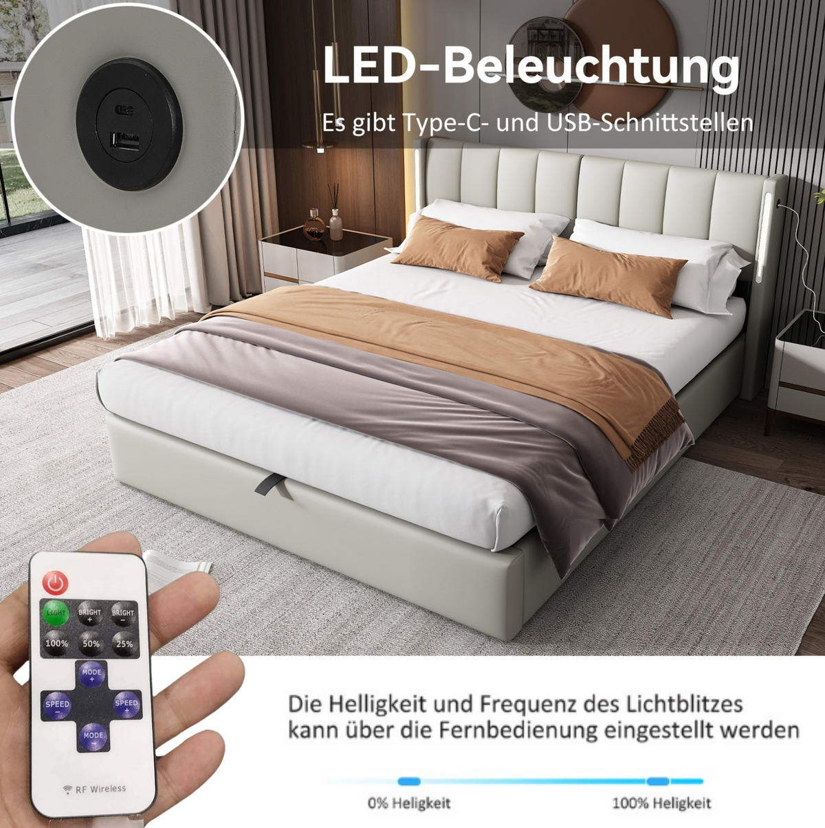TAPECIRANI krevet 180/200 cm s LED osvjetljenjem, USB priključkom i spremištem, Siva - siva, plastika (180/200cm) - Redom