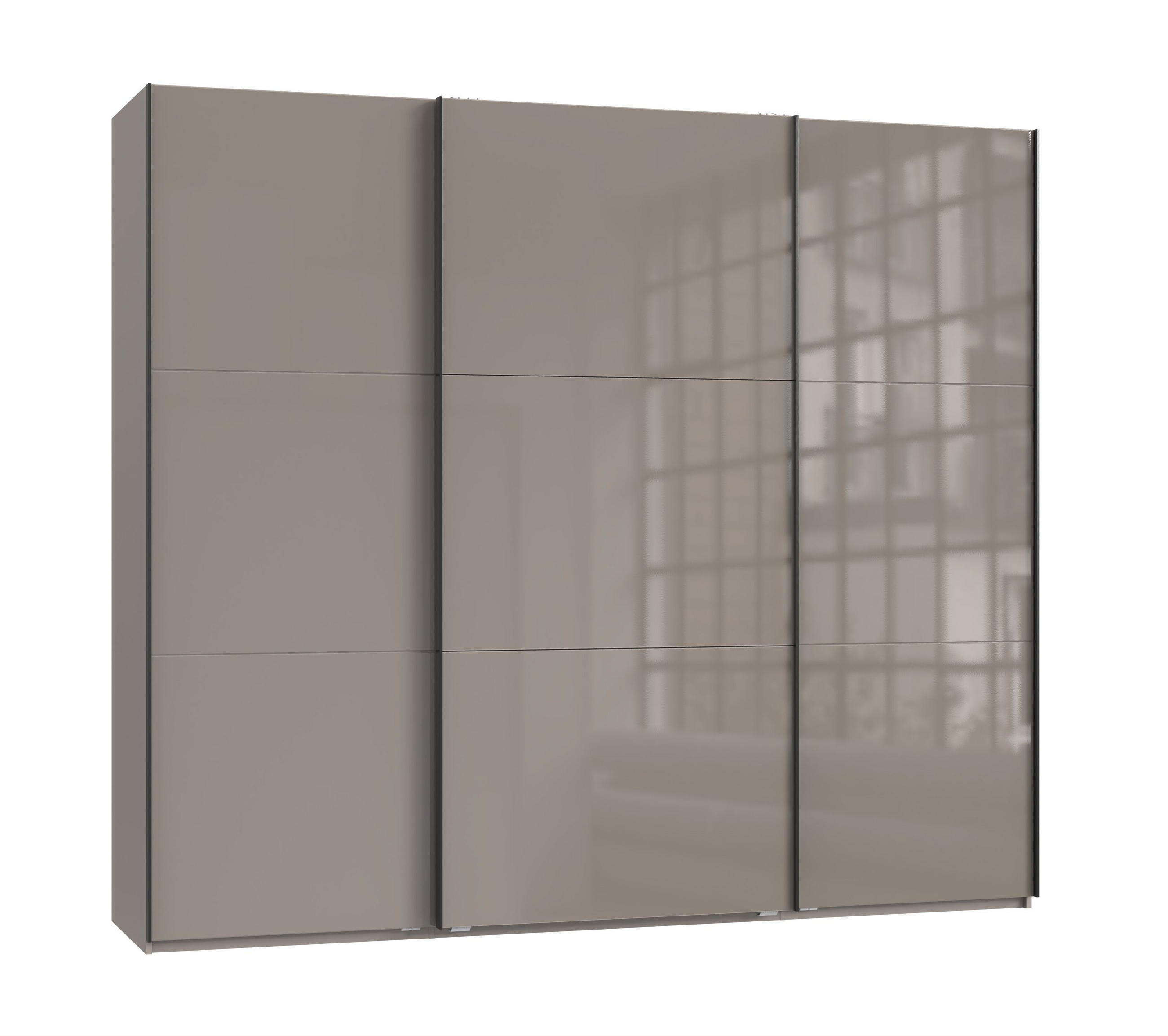 luma-home SKŘÍŇ S POSUVNÝMI DVEŘMI, 3dveřová, 250 × 216 × 65 cm (Š×V×H), v pískově šedé barvě se skleněnými čely, včetně kompletního vybavení / 22031