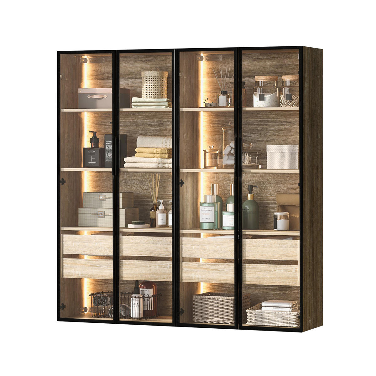 BADEZIMMERSCHRANK 74x36x155 cm Natural aus Spanplatte mit LED-Beleuchtung & Glasschranktüren - Naturfarben, Holzwerkstoff (74/155/36cm) - Modfu
