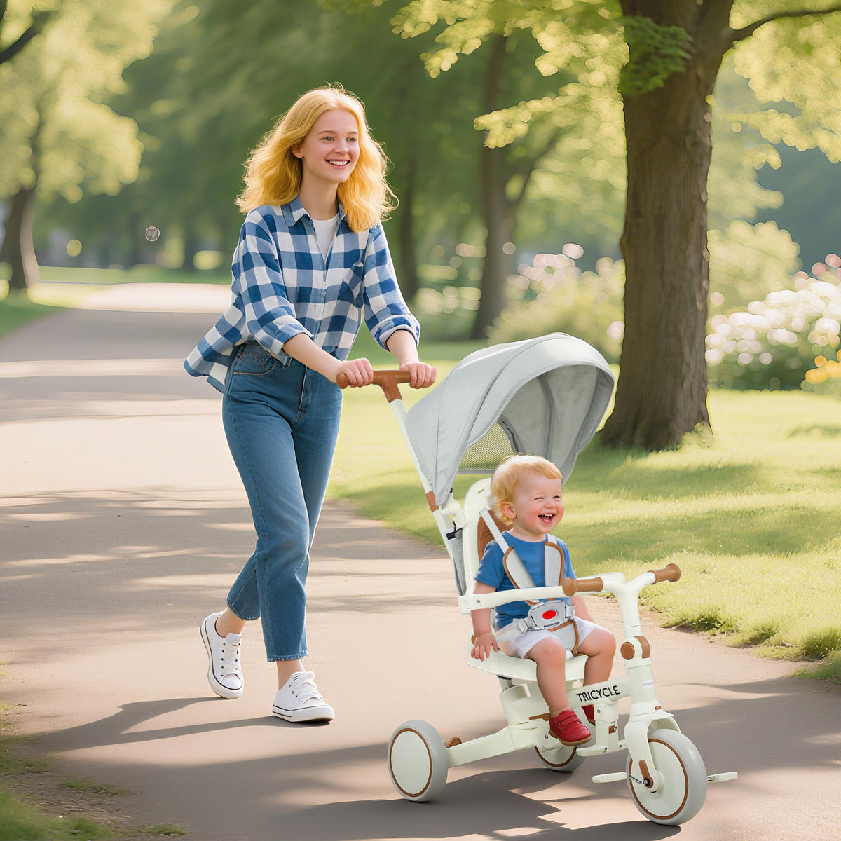 DREIRAD 5-in-1 mit Schubstange für 1-3 Jahre Faltbar mit reversiblem Sitz Creme - Creme, Metall (96.5/49/101cm) - AIYAPLAY