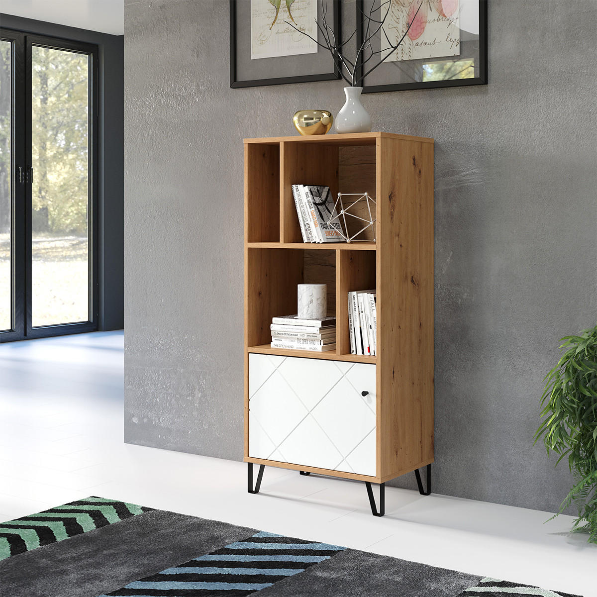 BÜCHERREGAL 1 Tür und 4 Fächer mattweiß H136 cm - Touch - Weiß, Holzwerkstoff (63/136/40cm) - Trendteam