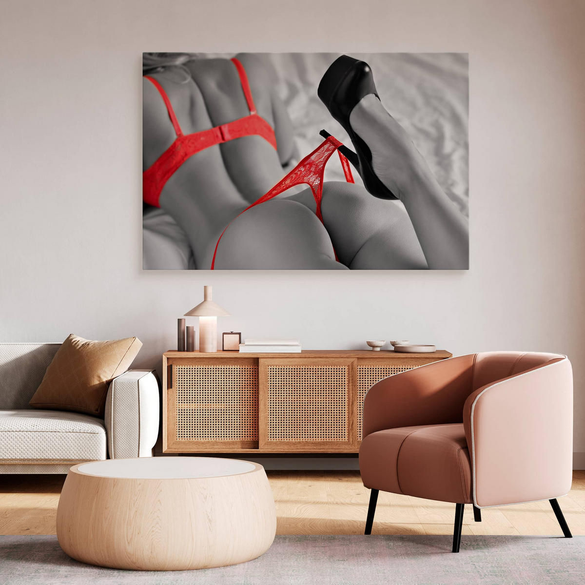 LEINWANDBILD Sinnliche Frau Erotik Akt 3D 100x70 - Rot/Schwarz, Textil (100/70cm) - Muralo
