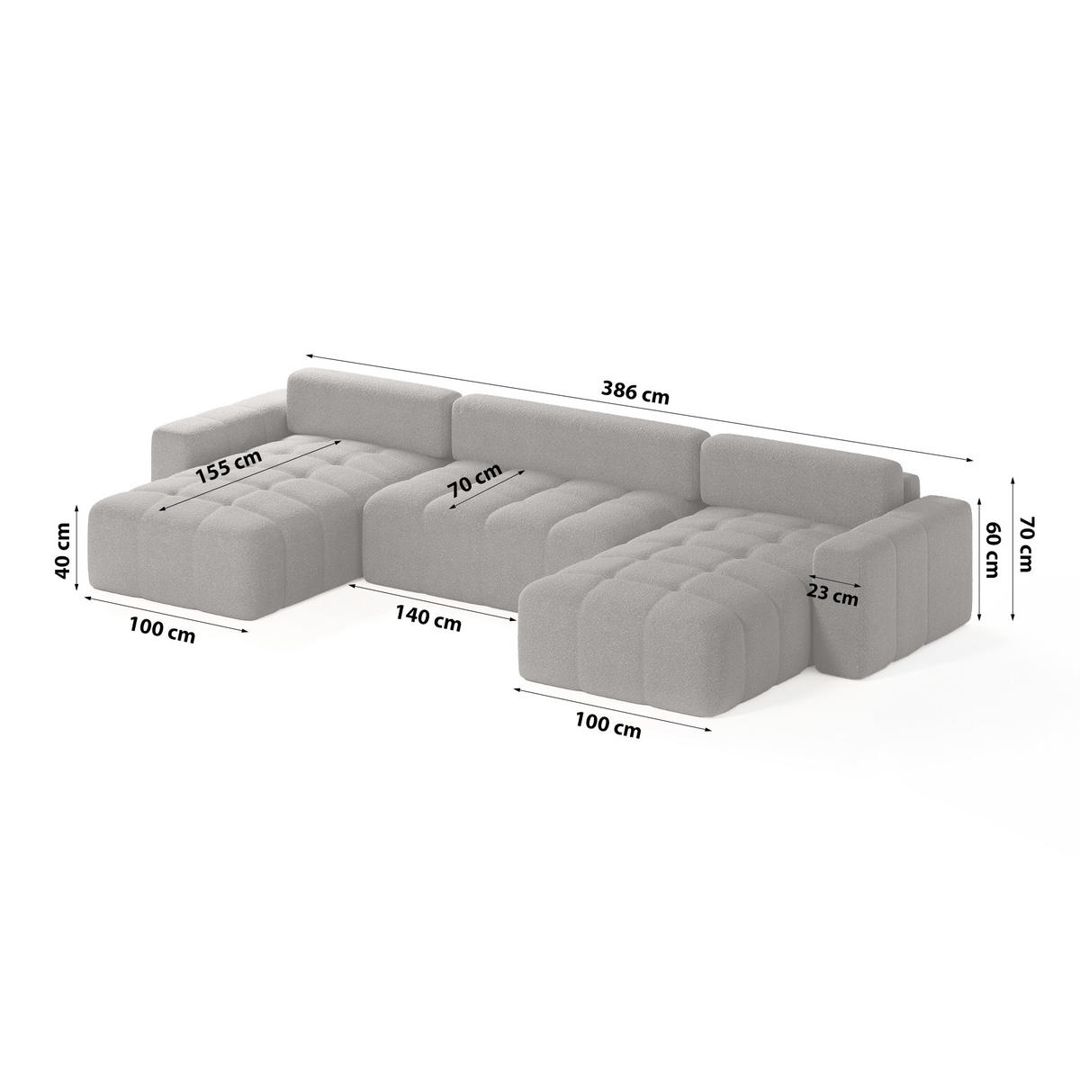 ECKSOFA Bouclé-Stoff 10 Sitzer Bornum U, Grau - Grau, Textil (386/70/155cm) - Meblito