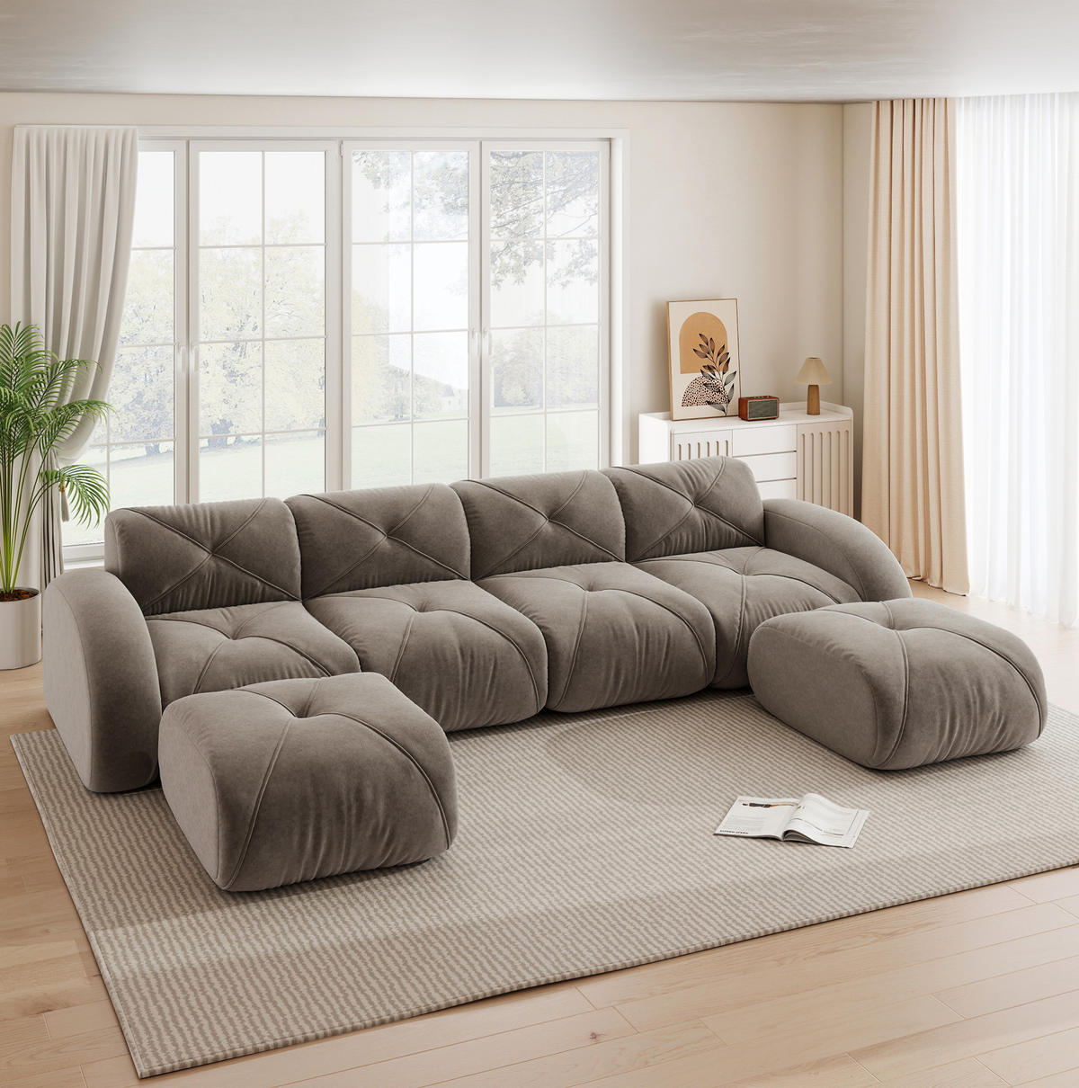 WOHNLANDSCHAFT 358/171/76 cm in Taupe aus Chenille mit Hockern und rahmenlosem Design - Taupe, Textil (171/76/358cm) - Flora Grace