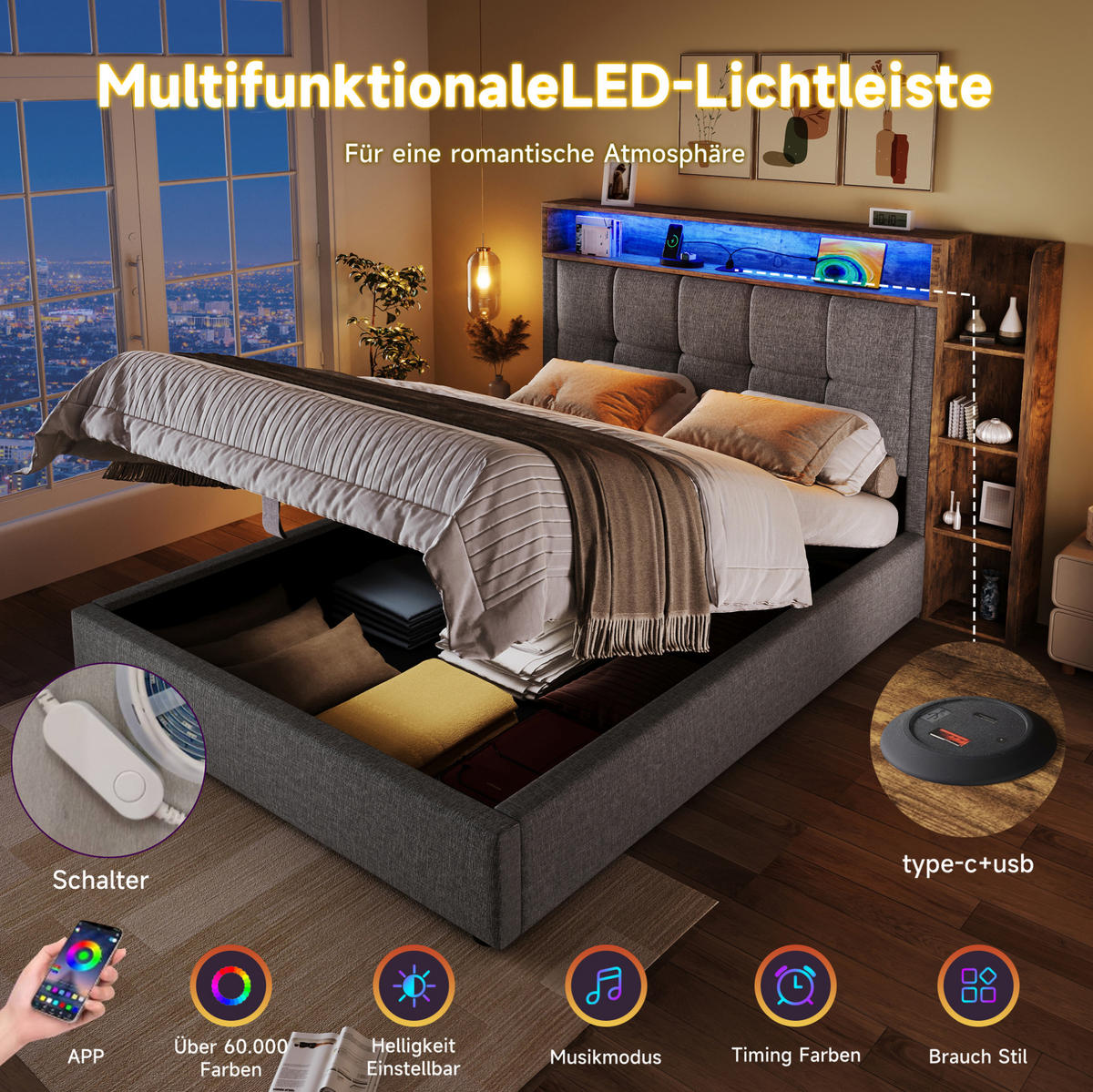 POLSTERBETT 90/200 cm Grau mit LED-Beleuchtung und USB- und Type-C-Anschlüssen - Grau, Textil (90/200cm) - OKWISH